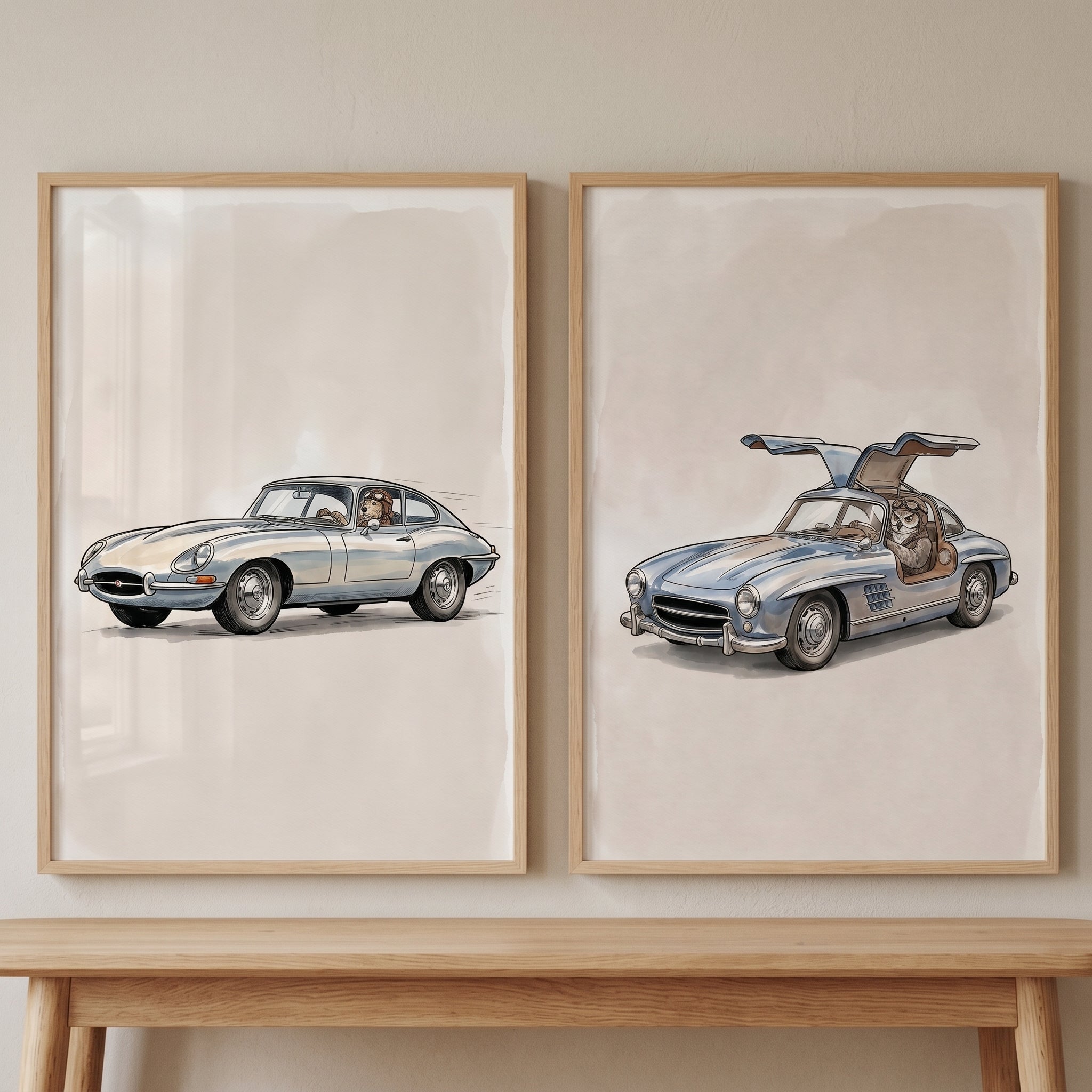 Vintage Aviator Driving Animal Wall Art Set of 2 - Retro Road Racers