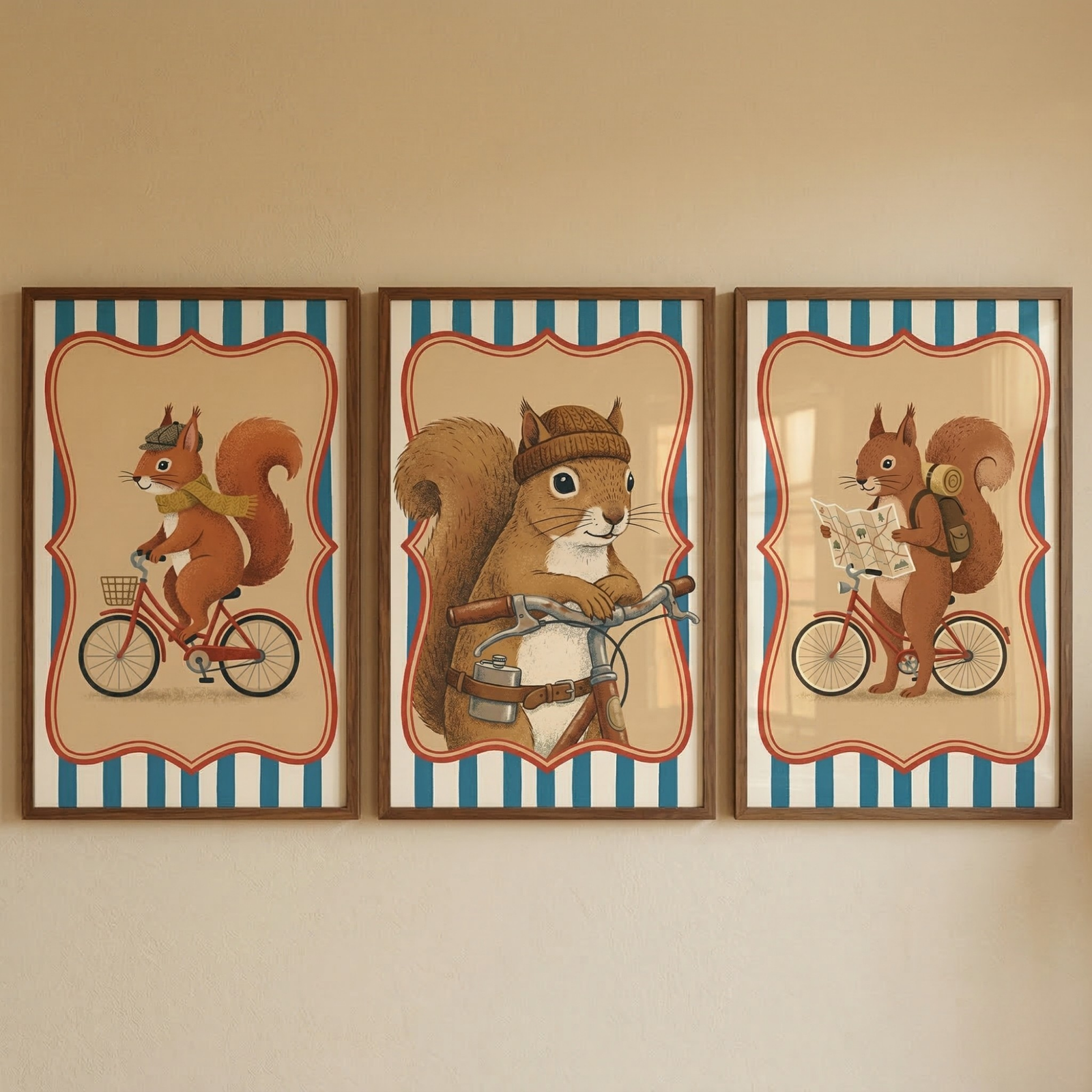 Three framed vintage-style illustrations of squirrels are hung side-by-side on a plain wall. Each artwork shows a whimsical squirrel in a bicycling-themed scene. The illustrations feature cream backgrounds, red scalloped borders, and blue-and-white striped edges. The left panel depicts a squirrel in a cap and scarf riding a red bicycle. The center panel is a close-up of a squirrel in a beanie holding onto handlebars. The right panel shows a squirrel with a backpack looking at a map while on a bike.