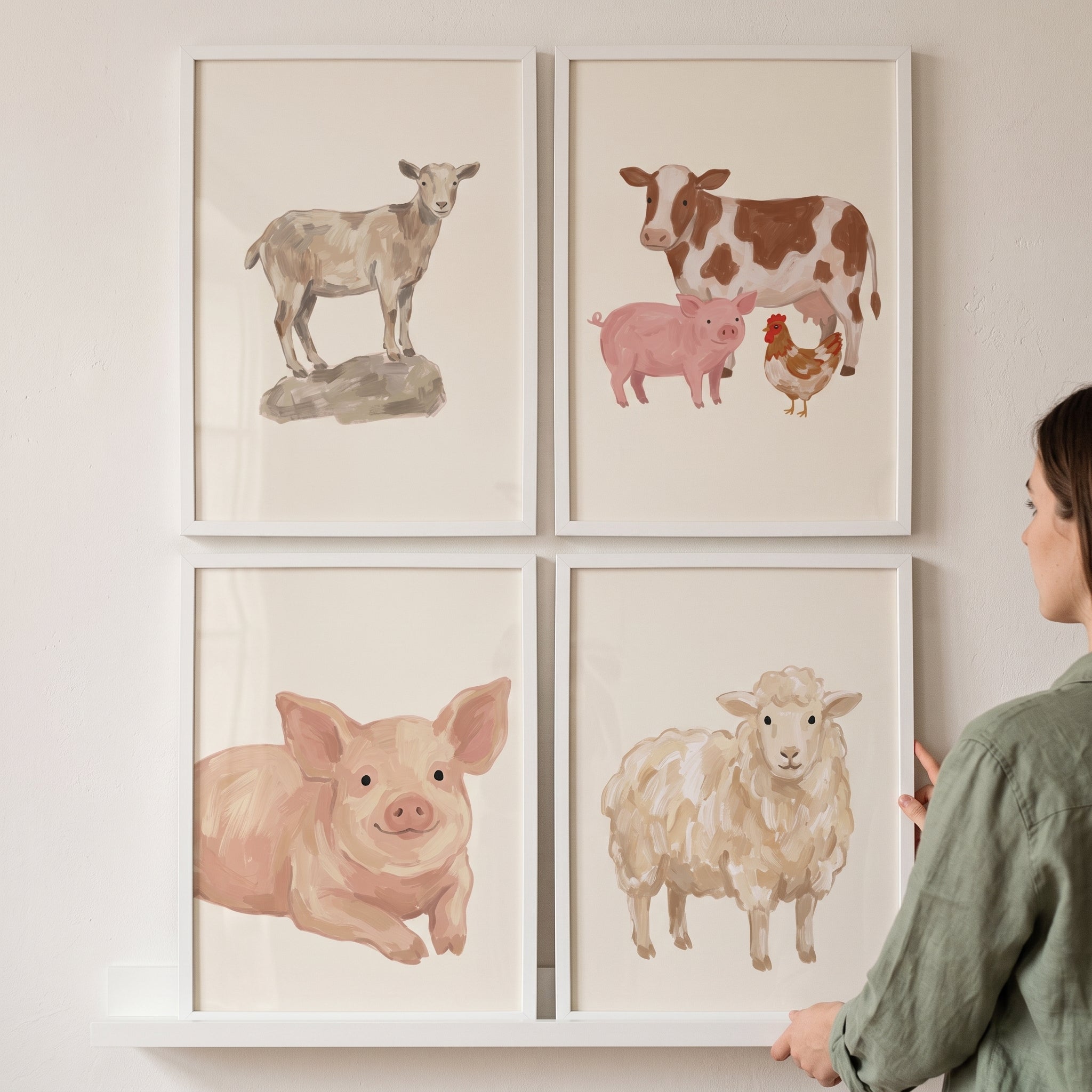 Vintage Beige Farm Animals Wall Art Set of 4 - Sweet Barnyard Critters