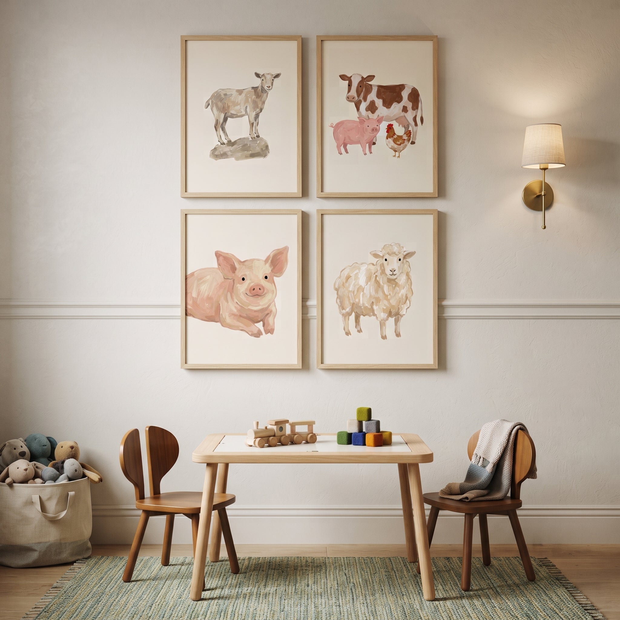 Vintage Beige Farm Animals Wall Art Set of 4 - Sweet Barnyard Critters