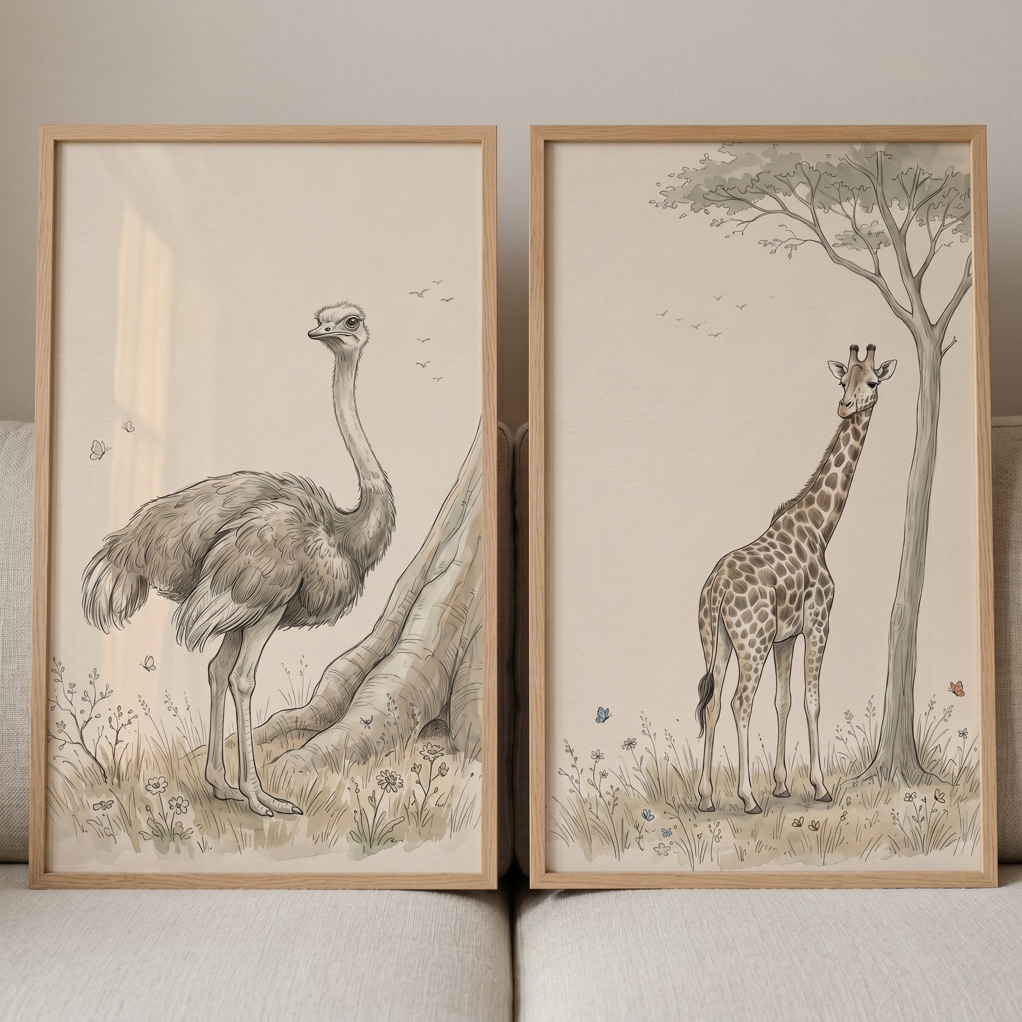 Vintage Beige Safari Animals Wall Art Set Of 2 - Savannah Sketch Duo