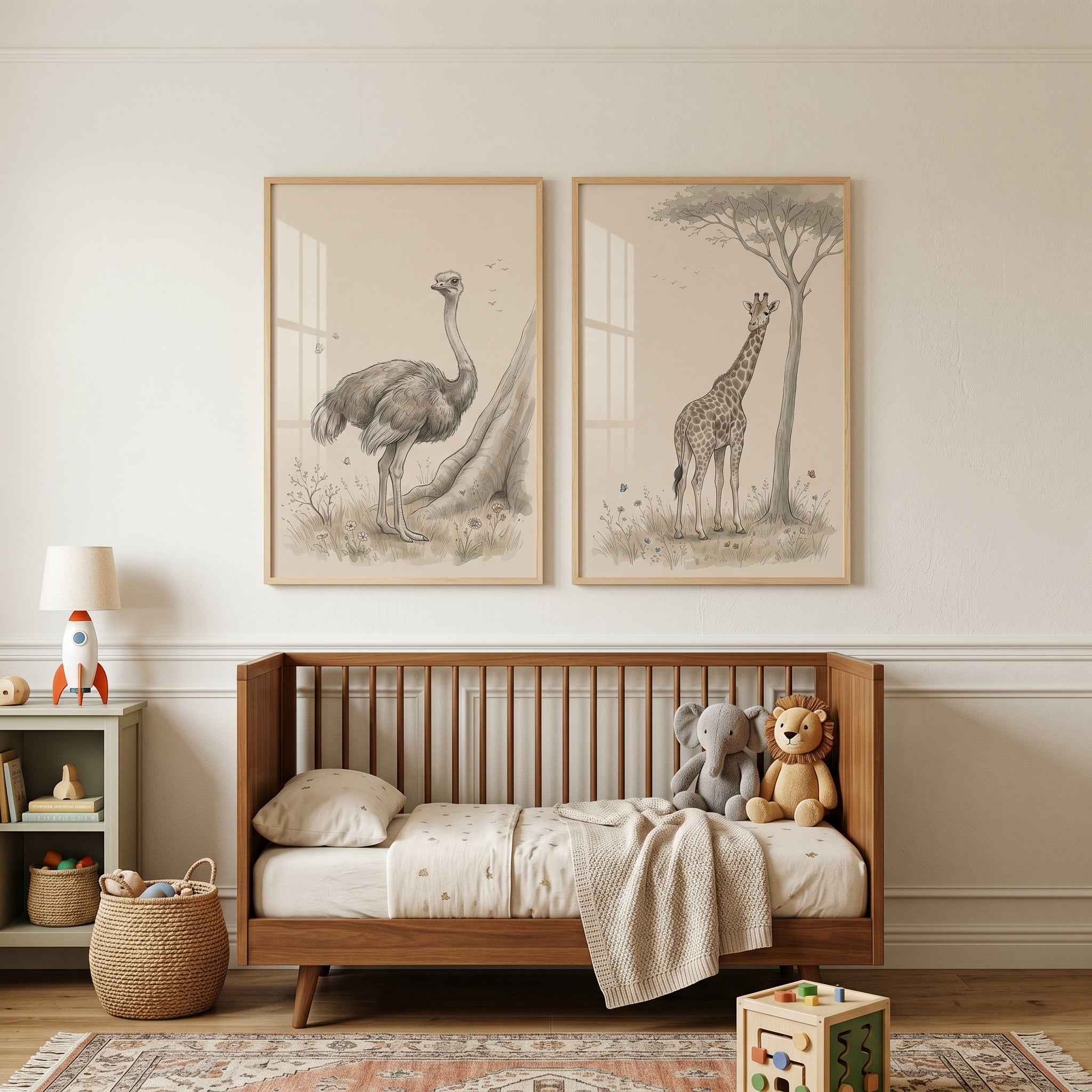 Vintage Beige Safari Animals Wall Art Set Of 2 - Savannah Sketch Duo