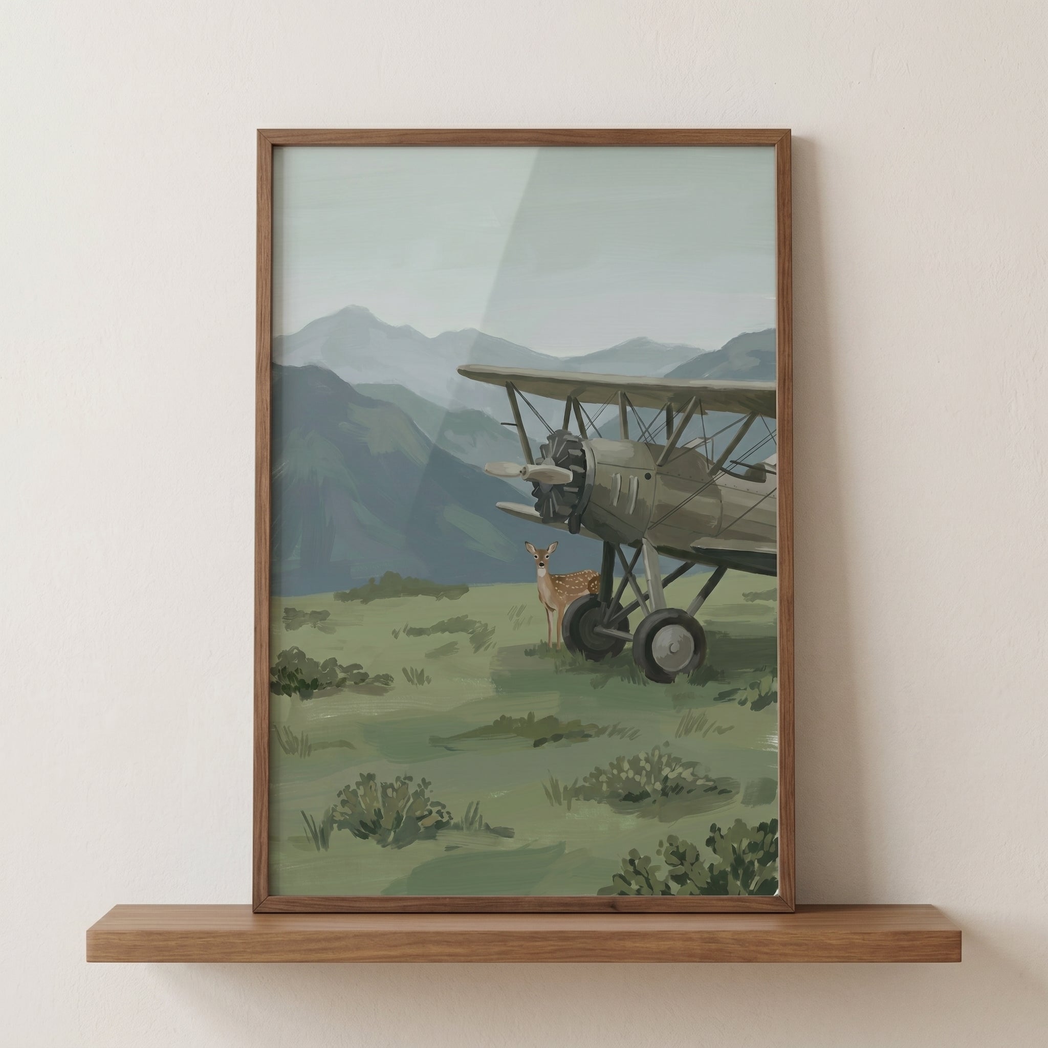 Vintage Biplane Mountain Fawn Wall Art - Quiet Meadow Visitor