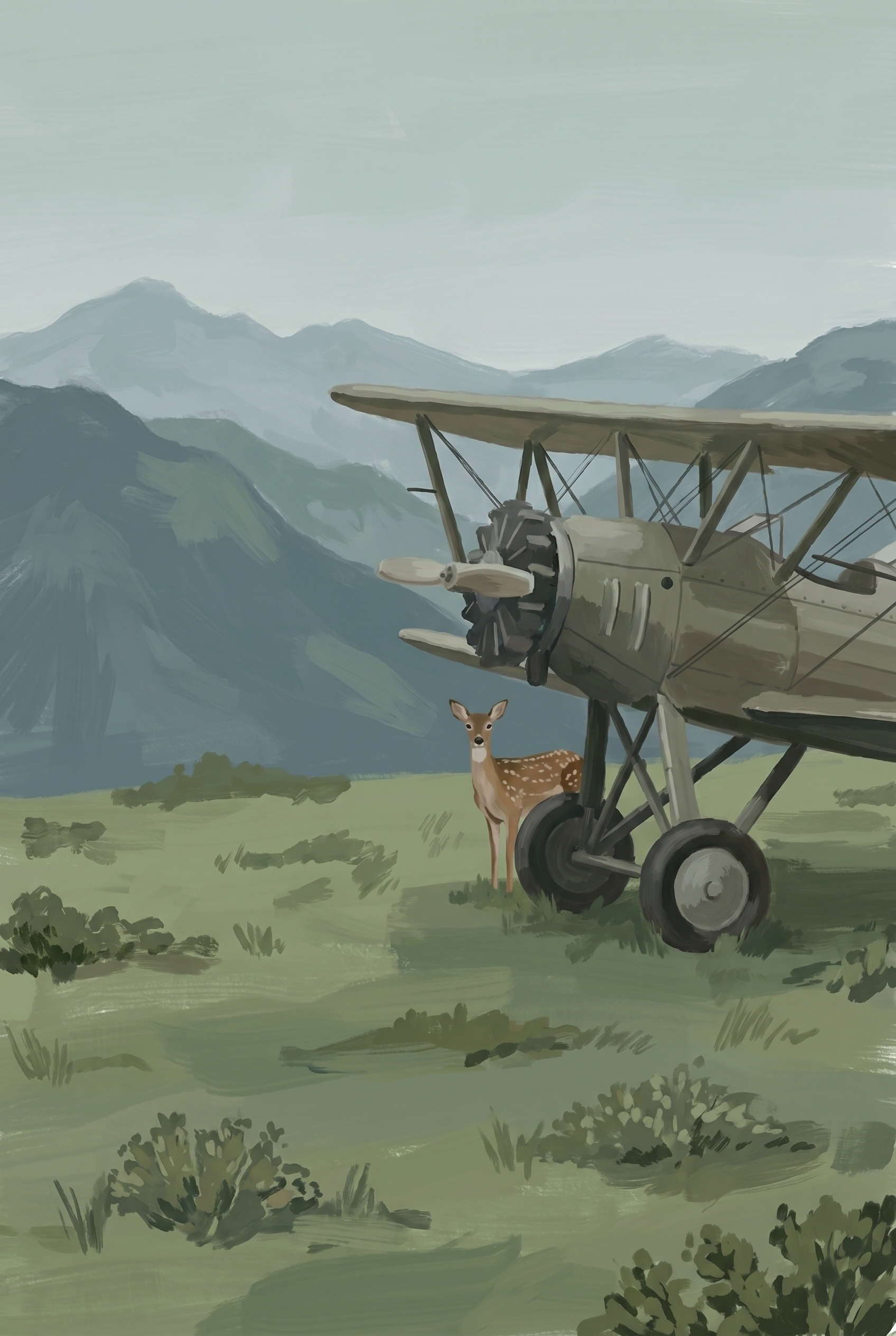 Vintage Biplane Mountain Fawn Wall Art - Quiet Meadow Visitor