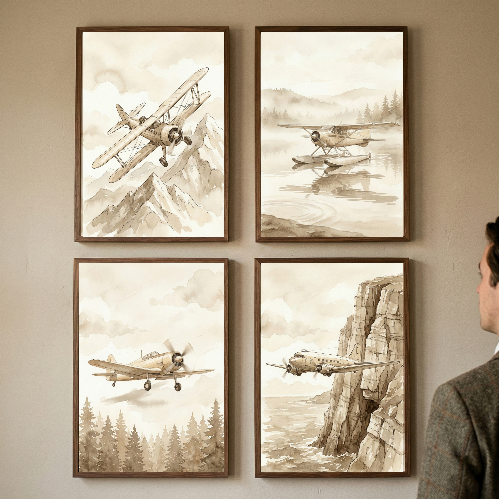 Vintage Airplane Wall Art Set of 4 Sepia Aviation Prints