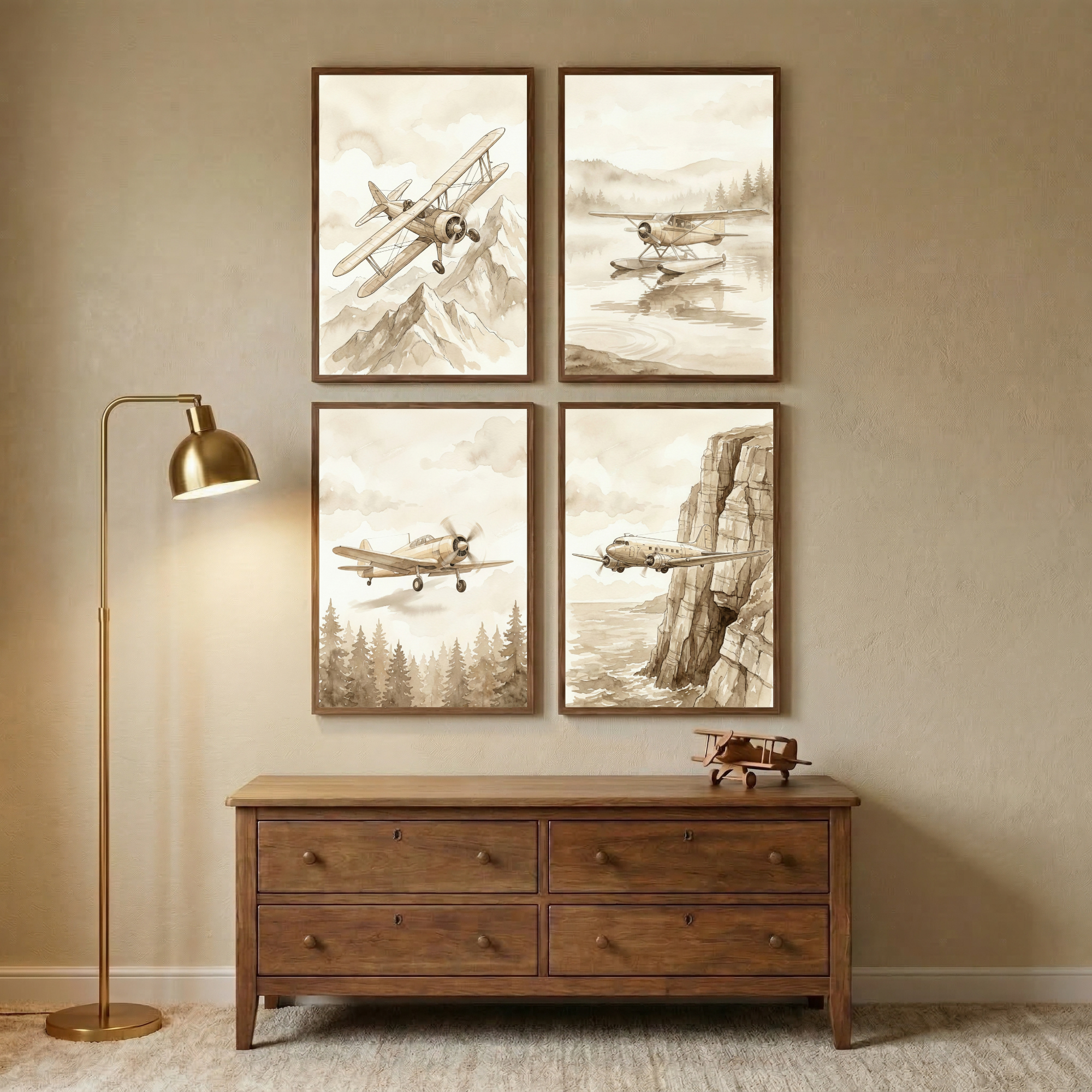 Vintage Airplane Wall Art Set of 4 - Vintage Flight Sketches