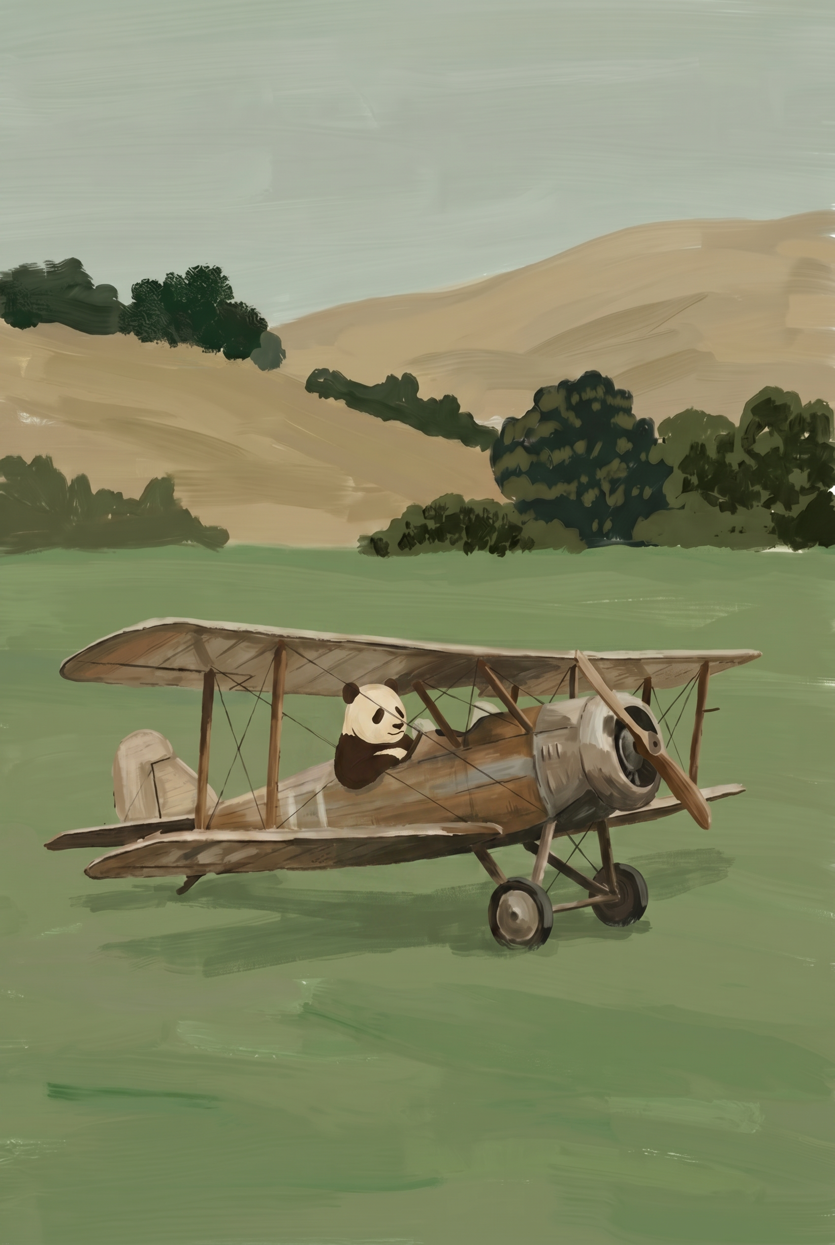 Vintage Biplane Pilot Panda Wall Art - Panda Pilot Adventure