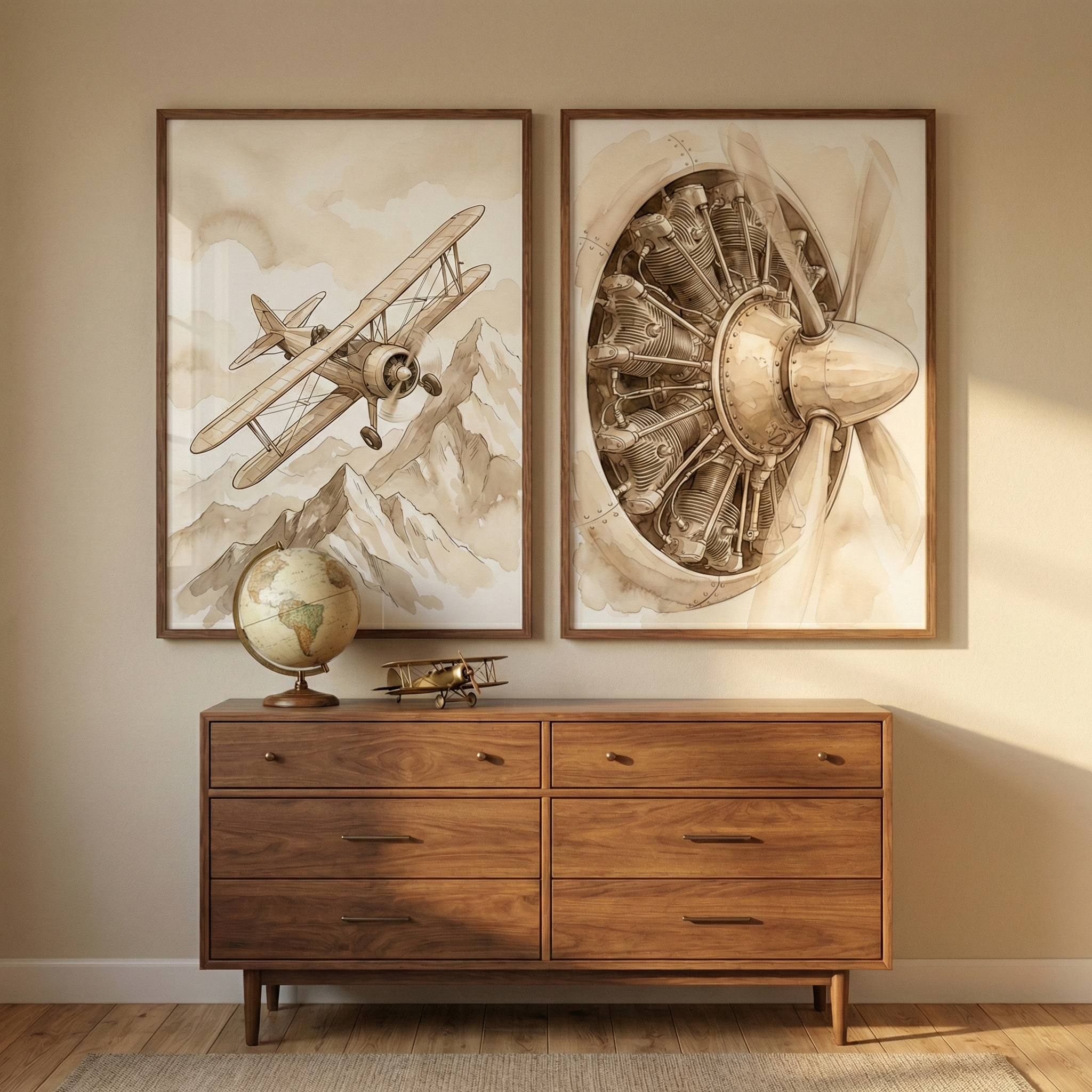 Vintage Biplane Wall Art Set of 2 - Vintage Flight Study