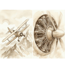 This sepia-toned watercolor-style illustration is presented in two panels. The left panel shows a vintage biplane flying high above a series of jagged, snow-capped mountain peaks. The aircraft is rendered with fine line work and soft brown washes, capturing its dual-wing structure and open cockpit. The right panel is a detailed close-up of a radial piston engine and its three-bladed propeller. Every cylinder, cooling fin, and rivet is intricately drawn, emphasizing mechanical complexity.