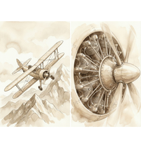 This sepia-toned watercolor-style illustration is presented in two panels. The left panel shows a vintage biplane flying high above a series of jagged, snow-capped mountain peaks. The aircraft is rendered with fine line work and soft brown washes, capturing its dual-wing structure and open cockpit. The right panel is a detailed close-up of a radial piston engine and its three-bladed propeller. Every cylinder, cooling fin, and rivet is intricately drawn, emphasizing mechanical complexity.