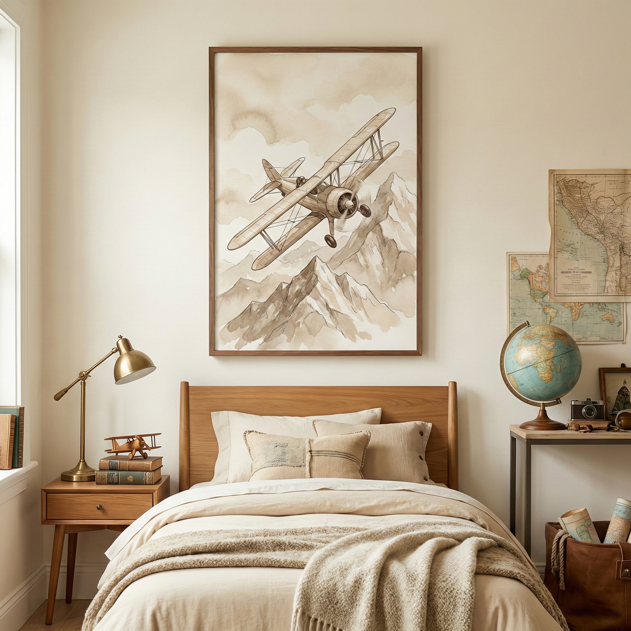 A cozy, neutrally-toned bedroom features a large framed illustration of a vintage biplane flying over mountains in a sepia-toned watercolor style. Below, a bed with a light wood headboard is styled with layered cream linens and a chunky knit throw. A wooden nightstand to the left holds a gold-colored metal lamp and a small model airplane. On the right, a globe sits on a table next to wall-mounted maps and a leather basket of rolled papers, creating a vintage travel theme.