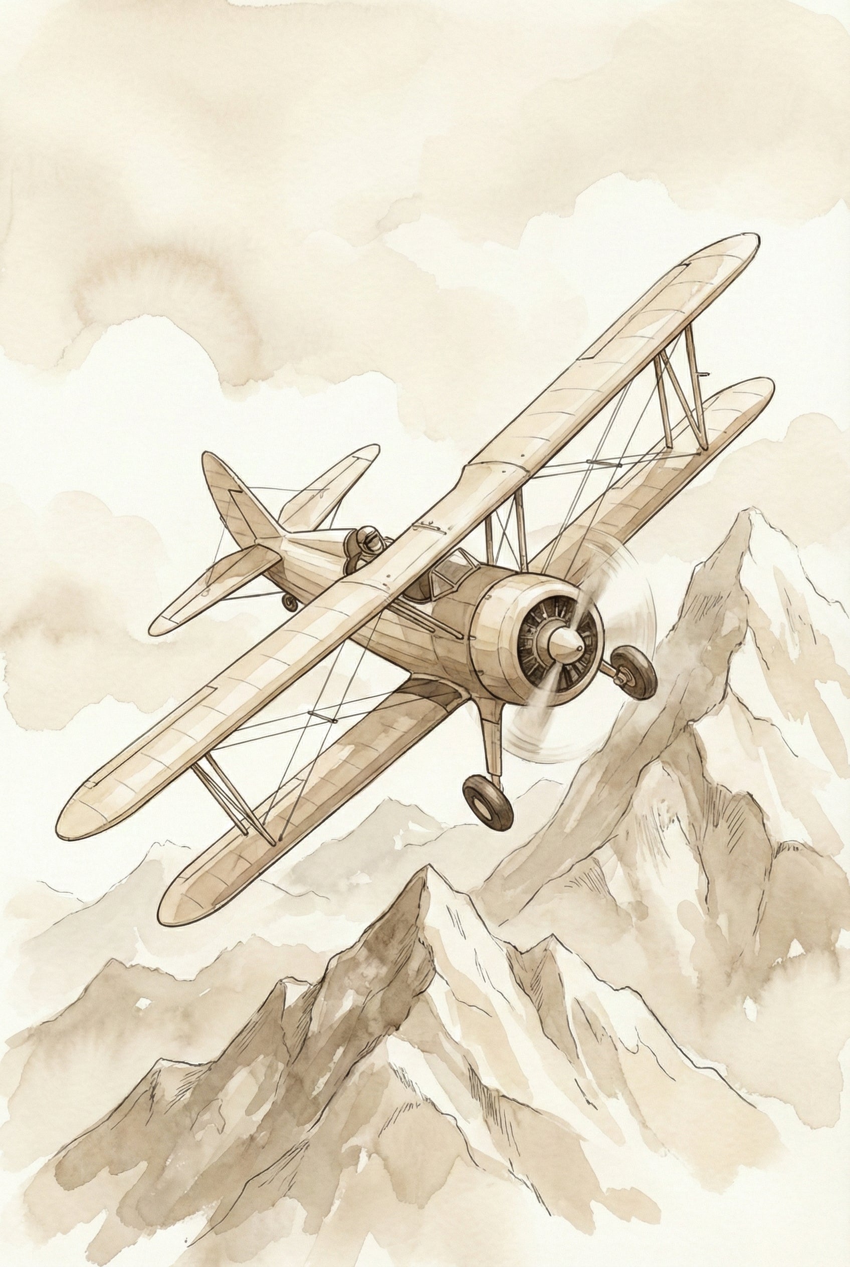 Sepia watercolor sketch of a classic biplane soaring above rugged mountain peaks, with spinning propeller detail and soft neutral sky tones.