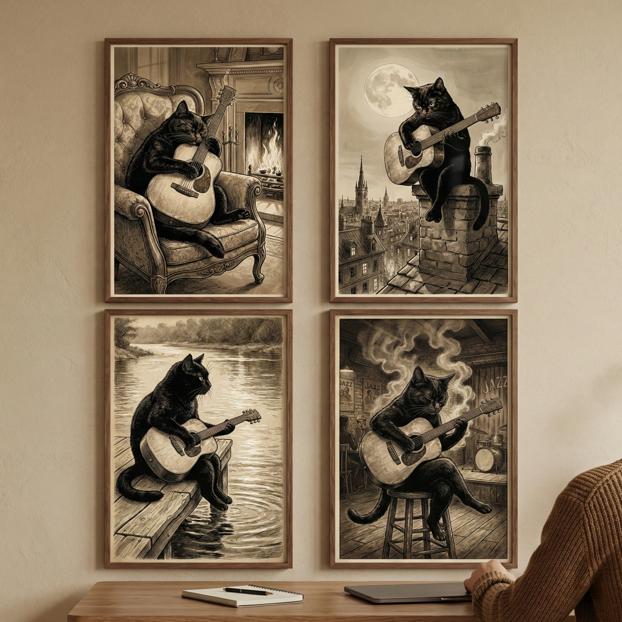 Four framed illustrations in a sepia-toned sketch style are displayed in a grid on a wall. Each features a black cat playing an acoustic guitar in different settings: a cozy armchair by a fireplace, a rooftop chimney under a full moon, a wooden dock by a river, and on a stool in a smoky jazz club. Below the wall display, a person in a brown sweater is seated at a wooden desk with a laptop and a notebook.