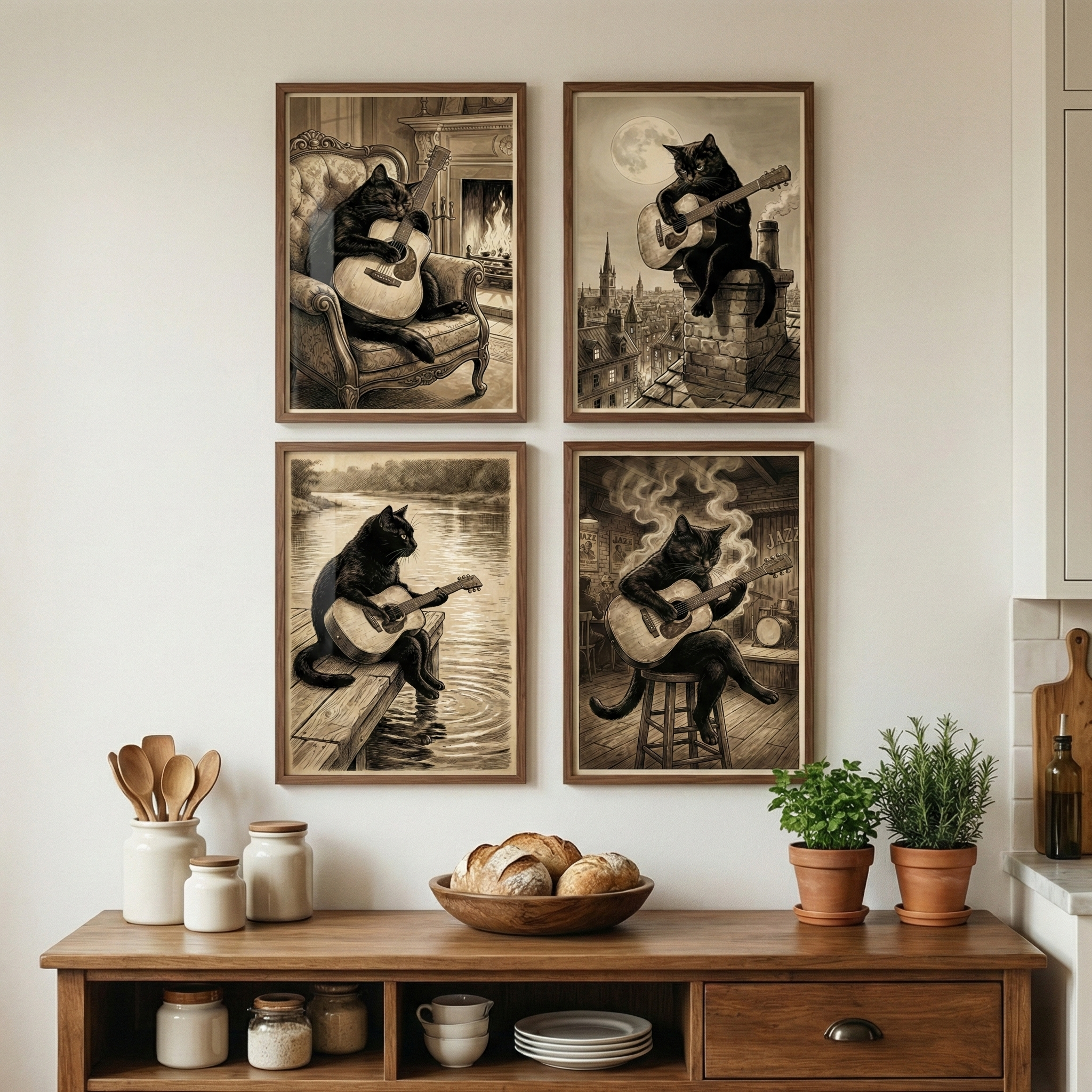 A 2x2 grid of four framed, sepia-toned illustrations hangs on a white wall above a wooden console table. Each artwork depicts a black cat playing an acoustic guitar in various settings: in an armchair by a fireplace, on a chimney under a full moon, on a wooden dock by a river, and on a stool in a rustic room. The wooden table below features a bowl of bread rolls, ceramic jars with utensils, and two small potted plants, contributing to a cozy and whimsical interior scene.