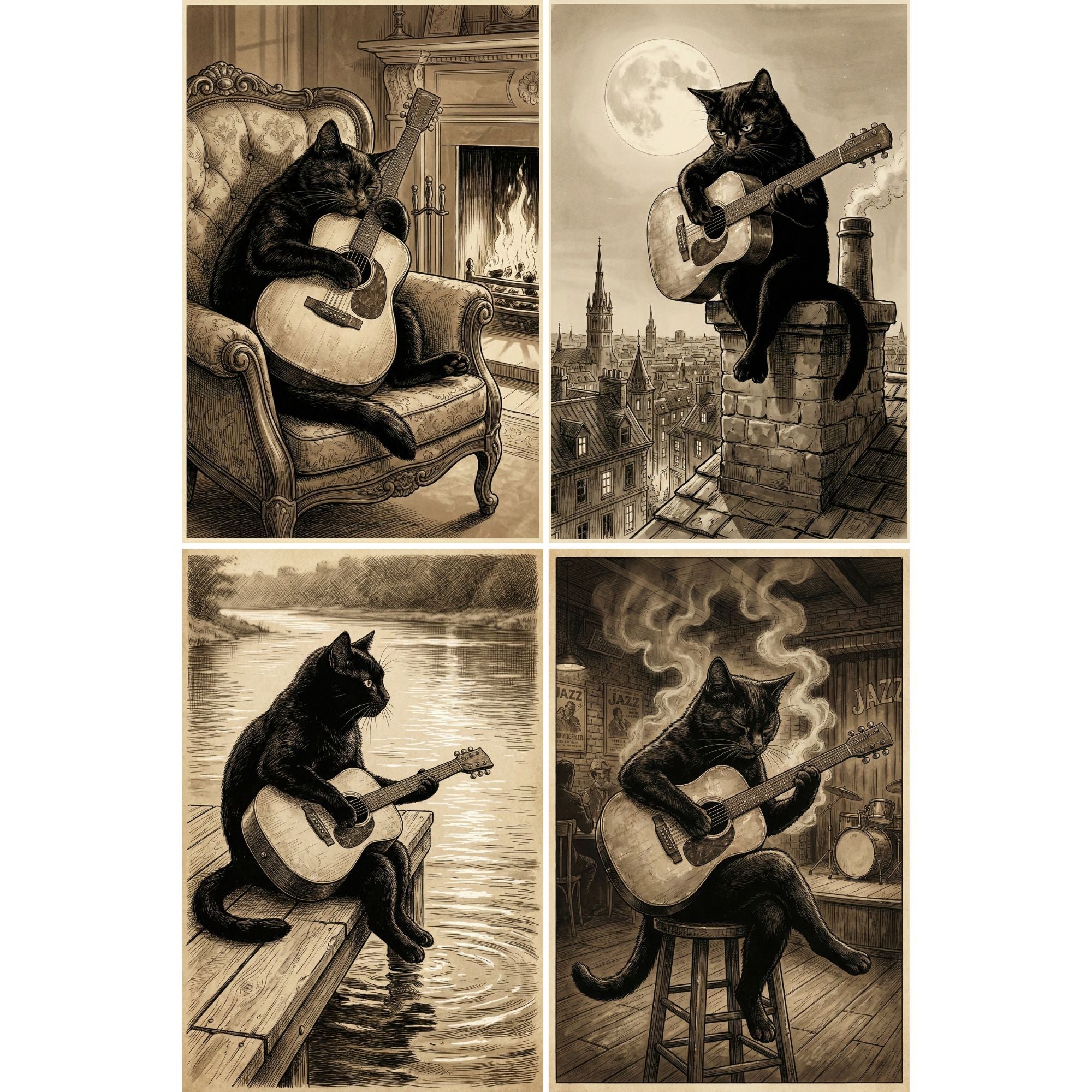  Illustration of a black cat perched on a brick chimney playing a guitar with a large full moon glowing in the night sky above a city skyline. The detailed rooftops and soft sepia palette create a dramatic nighttime scene.
