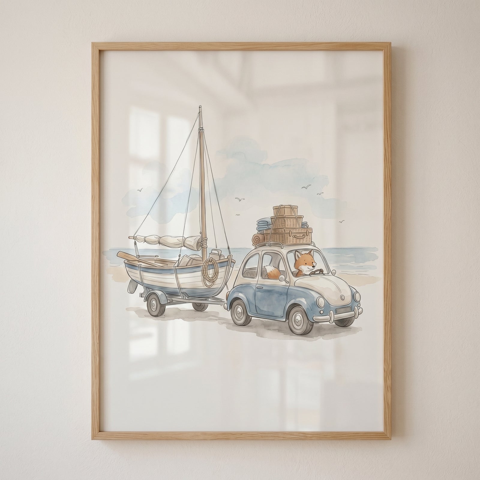 Vintage blue car fox wall art featuring a fox driving with luggage and towing a sailboat along a calm beach.