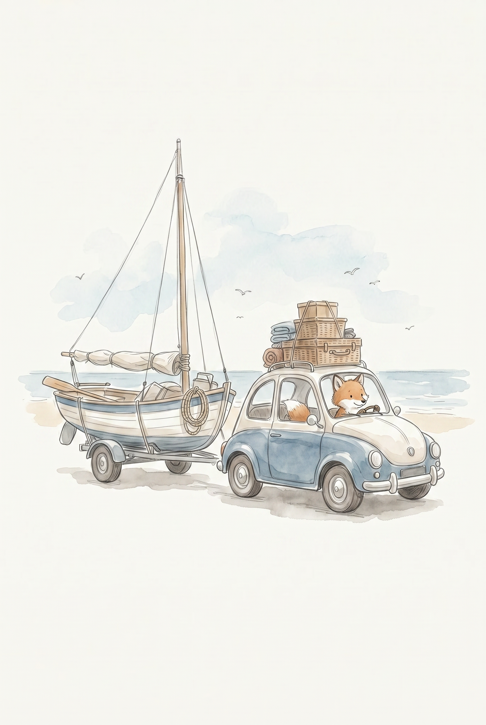 Vintage Blue Car Fox Wall Art - Fox's Seaside Adventure