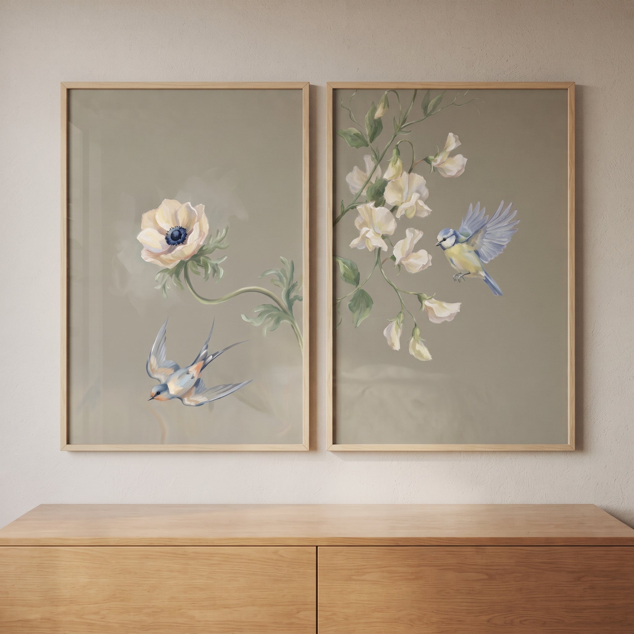 Vintage Blue Garden Songbird Wall Art Set of 2 - Serene Garden Flight