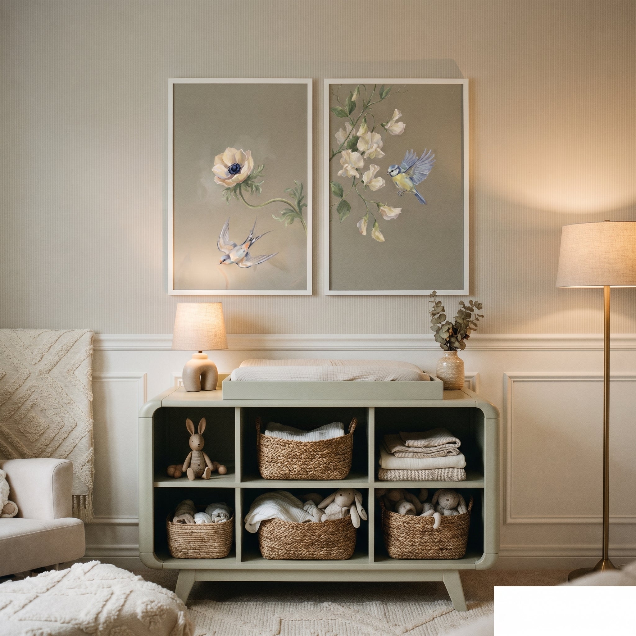 Vintage Blue Garden Songbird Wall Art Set of 2 - Serene Garden Flight