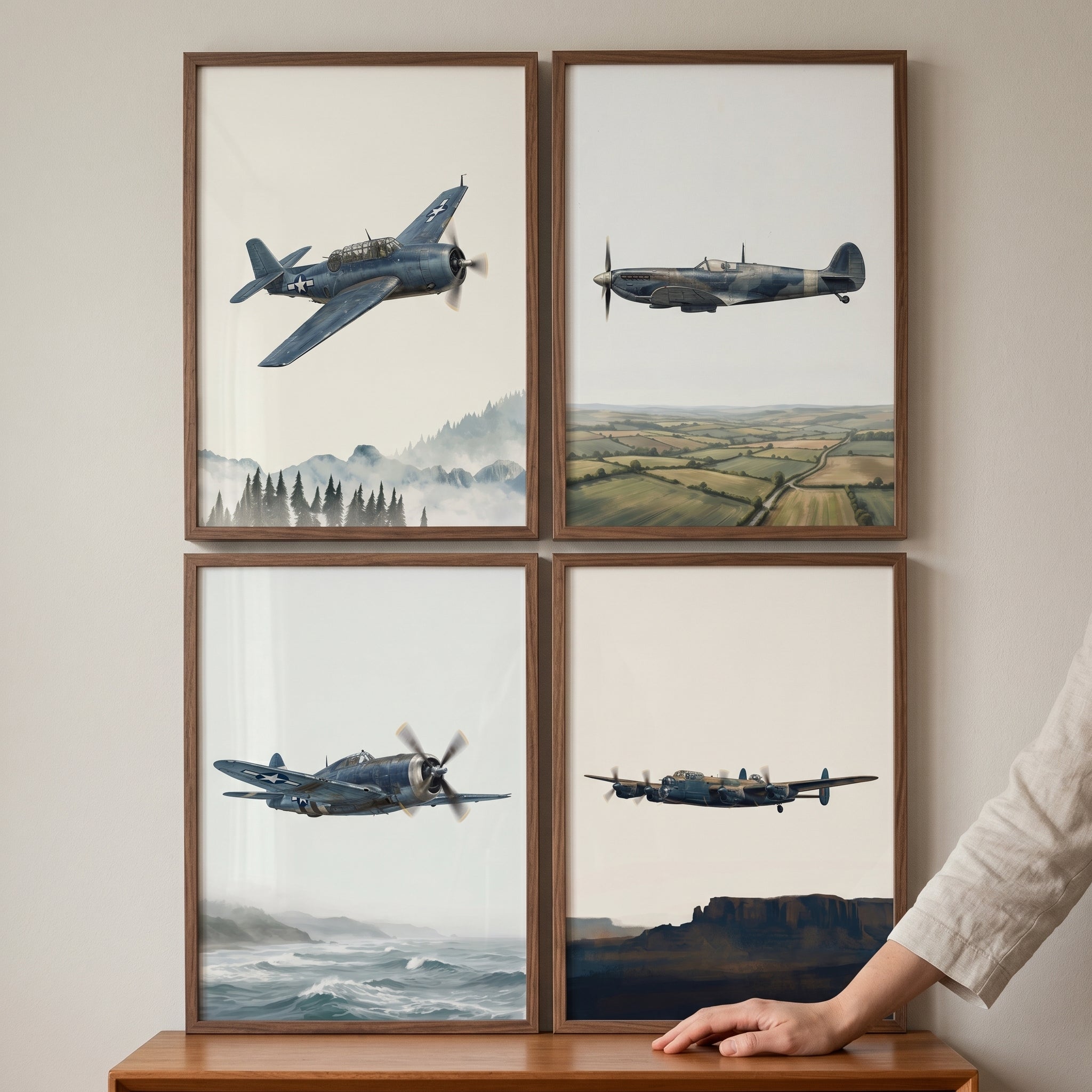 Vintage Blue Military Airplane Wall Art Set of 4 - Vintage Flight Vistas