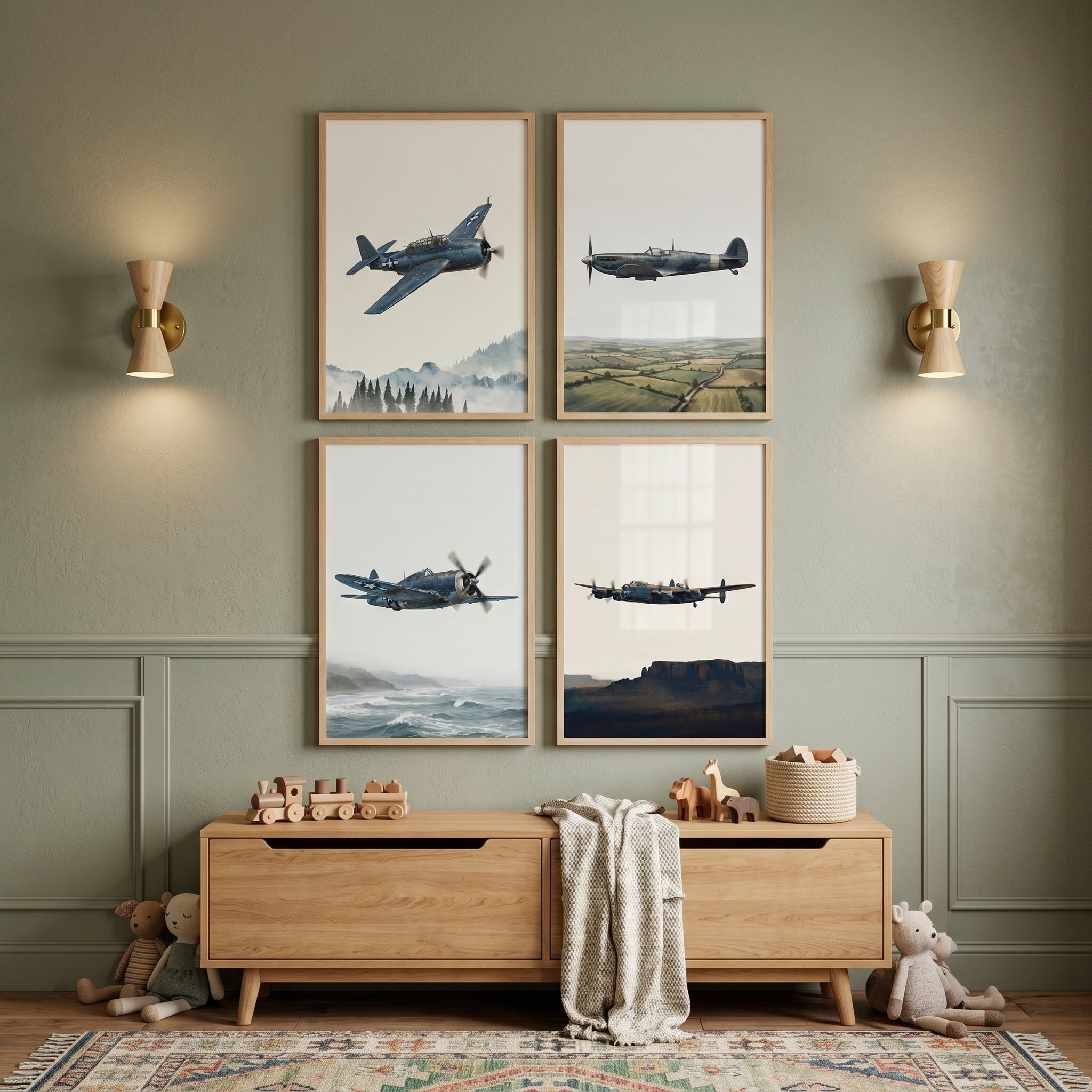 Vintage Blue Military Airplane Wall Art Set of 4 - Vintage Flight Vistas