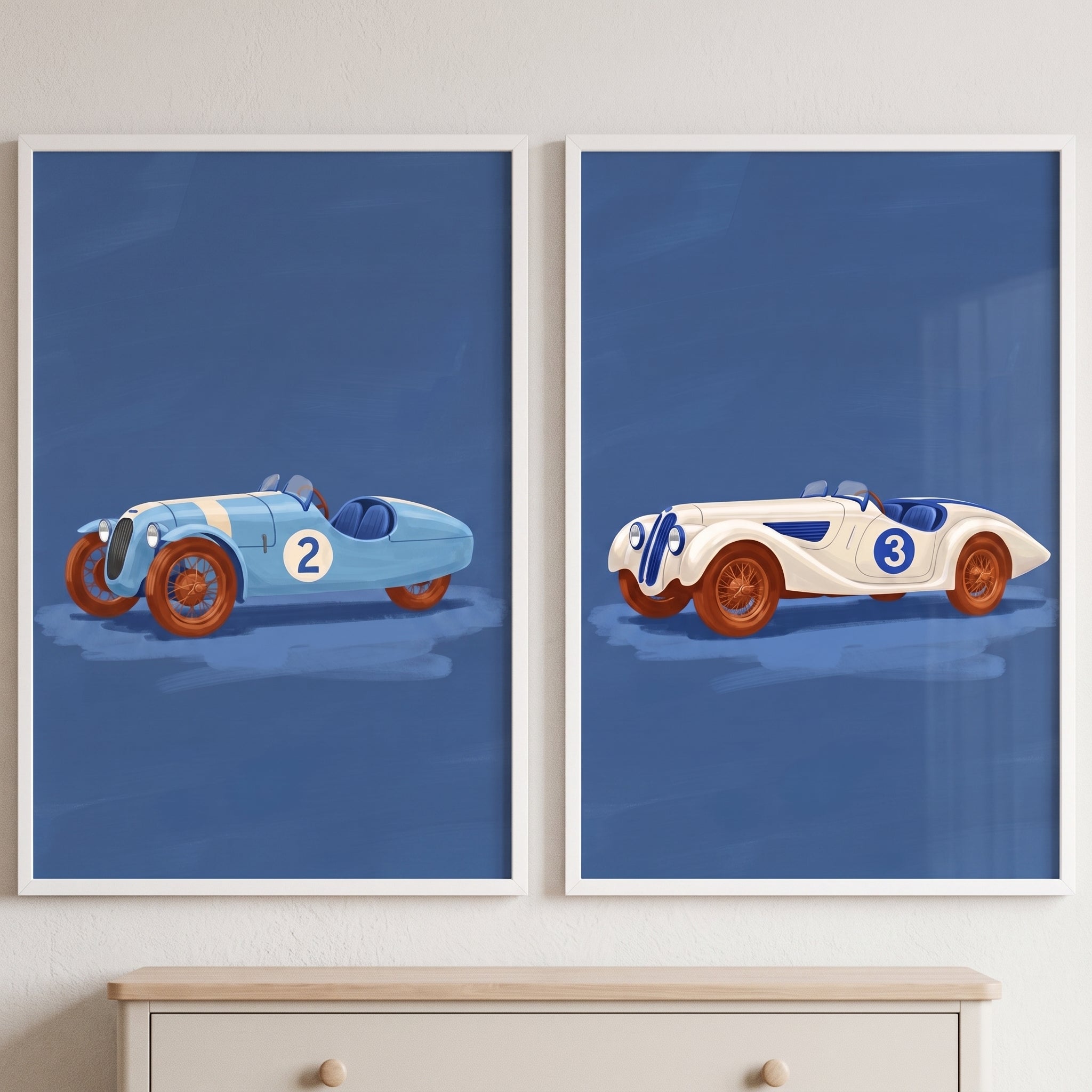 Vintage Blue Racing Car Wall Art Set of 2 - Classic Speed Racers