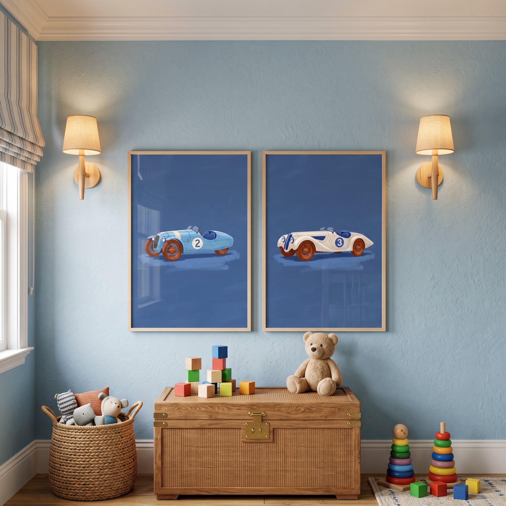 Vintage Blue Racing Car Wall Art Set of 2 - Classic Speed Racers