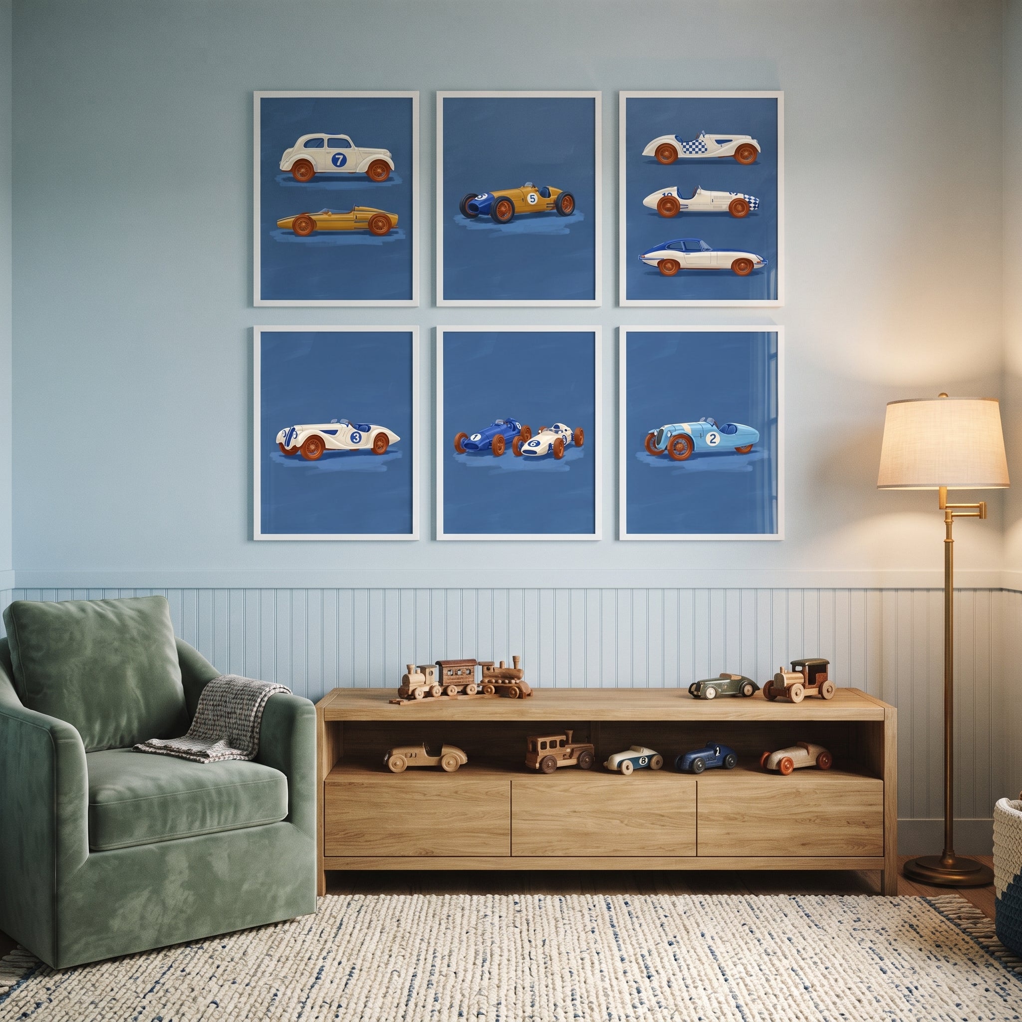 Vintage Blue Racing Car Wall Art Set of 6 - Vintage Racing Series
