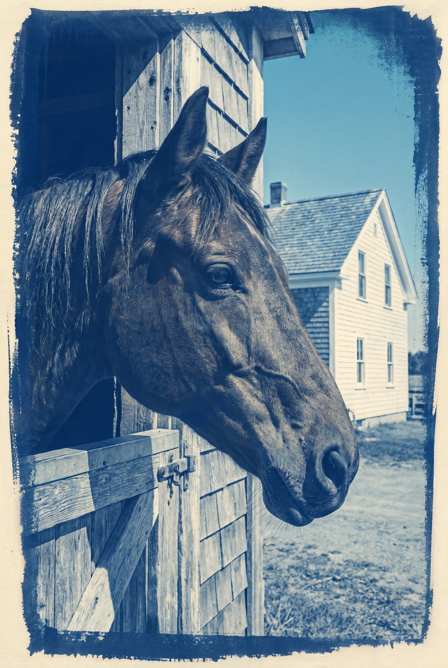 Vintage Blue Stable Horse Wall Art - Blue Barn Gaze