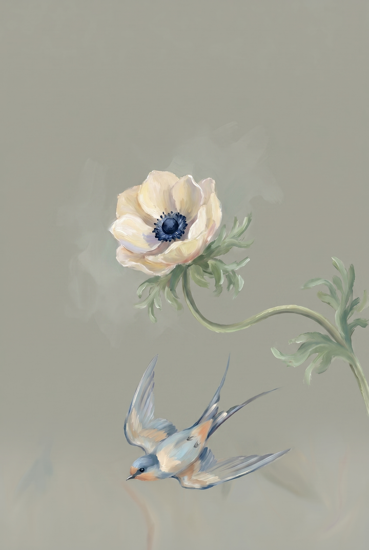 Vintage blue swallow floral wall art with a cream anemone flower and a blue bird on a muted gray background.