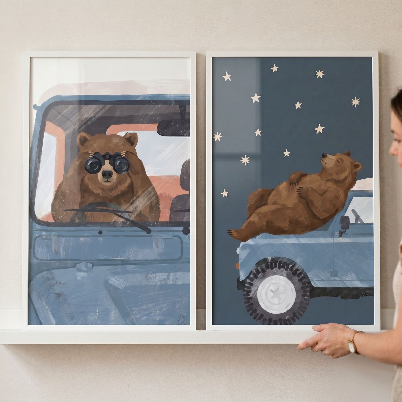 Vintage blue truck bear wall art set of 2 with a bear using binoculars and another bear resting under a starry sky.