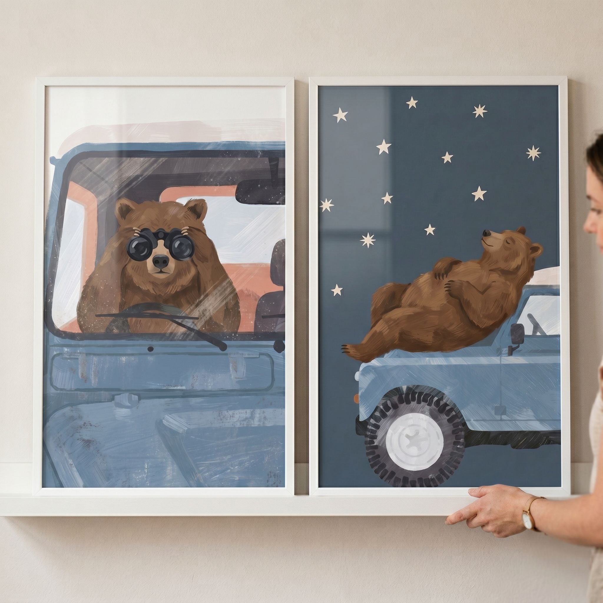 Vintage Blue Truck Bear Wall Art Set of 2 - Starlit Bear Journey