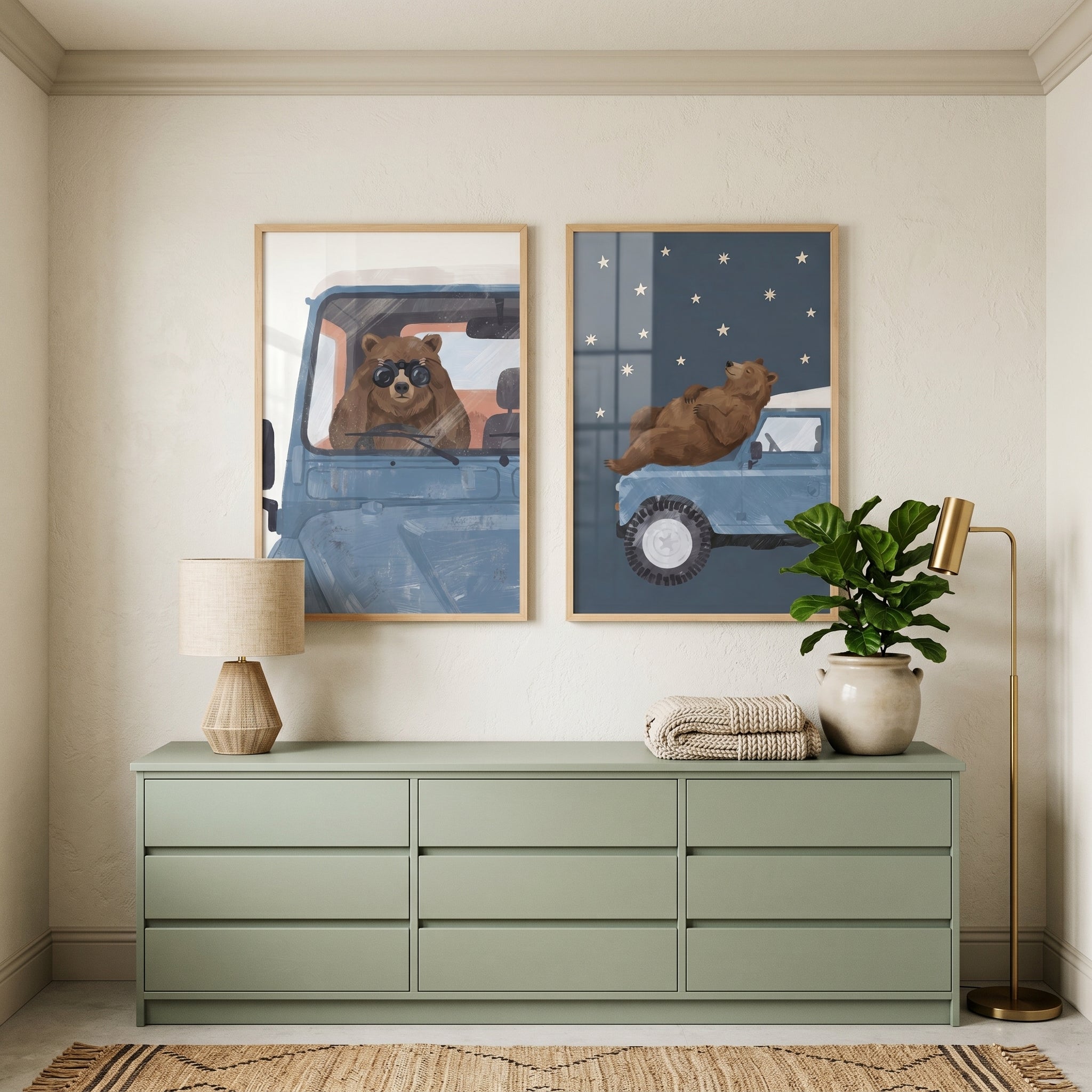 Vintage Blue Truck Bear Wall Art Set of 2 - Starlit Bear Journey