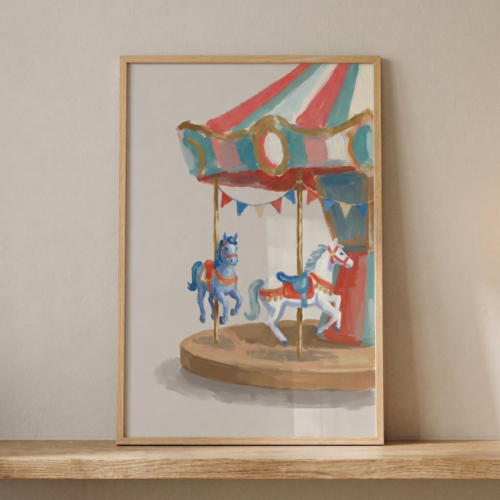 Vintage blue white carousel wall art displays two horses under a red and teal canopy, framed on a wooden shelf.