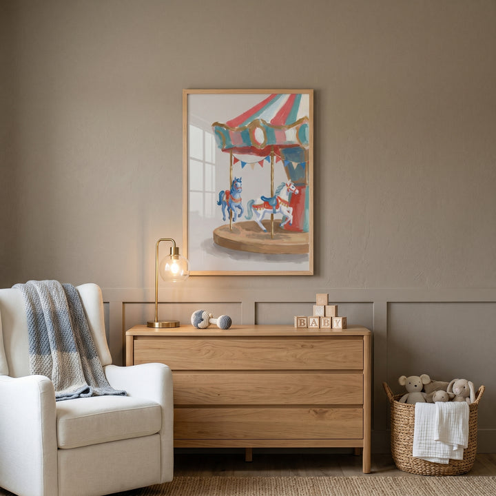 Vintage blue white carousel wall art hangs above a wooden dresser in a neutral nursery with a chair and toy basket.