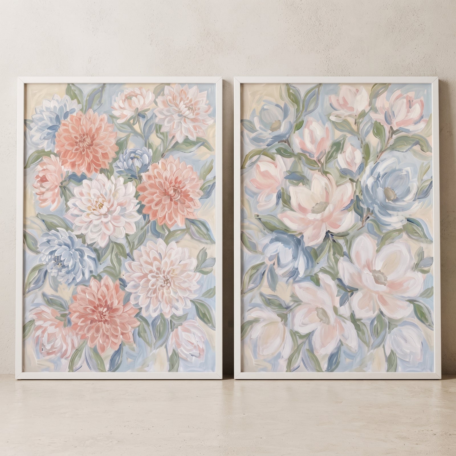 Vintage blush botanical floral wall art set of 2 features soft peach, blue, and white blooms in simple white frames.