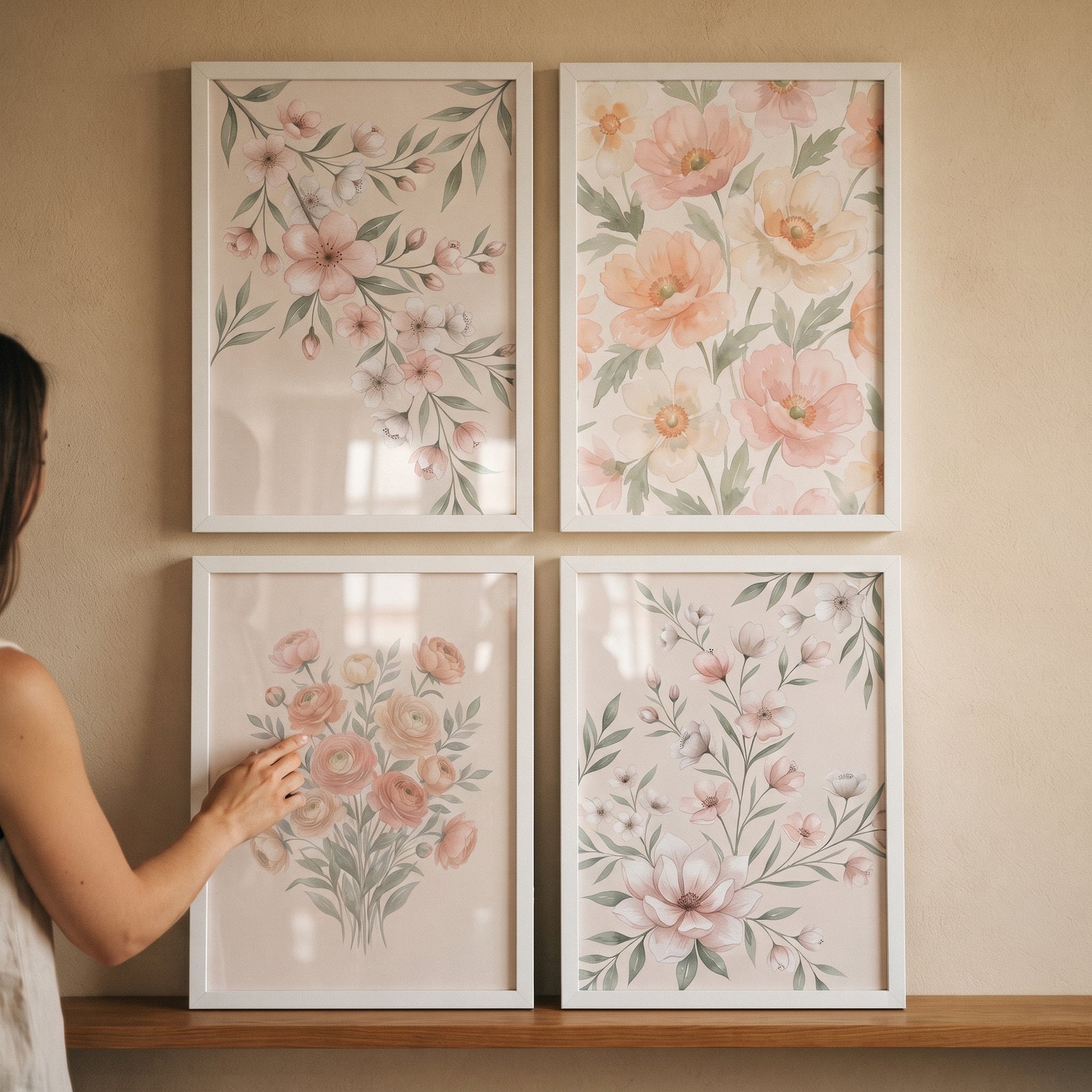 A woman touches a vintage blush garden floral artwork set of 4 in white frames on a beige wall.