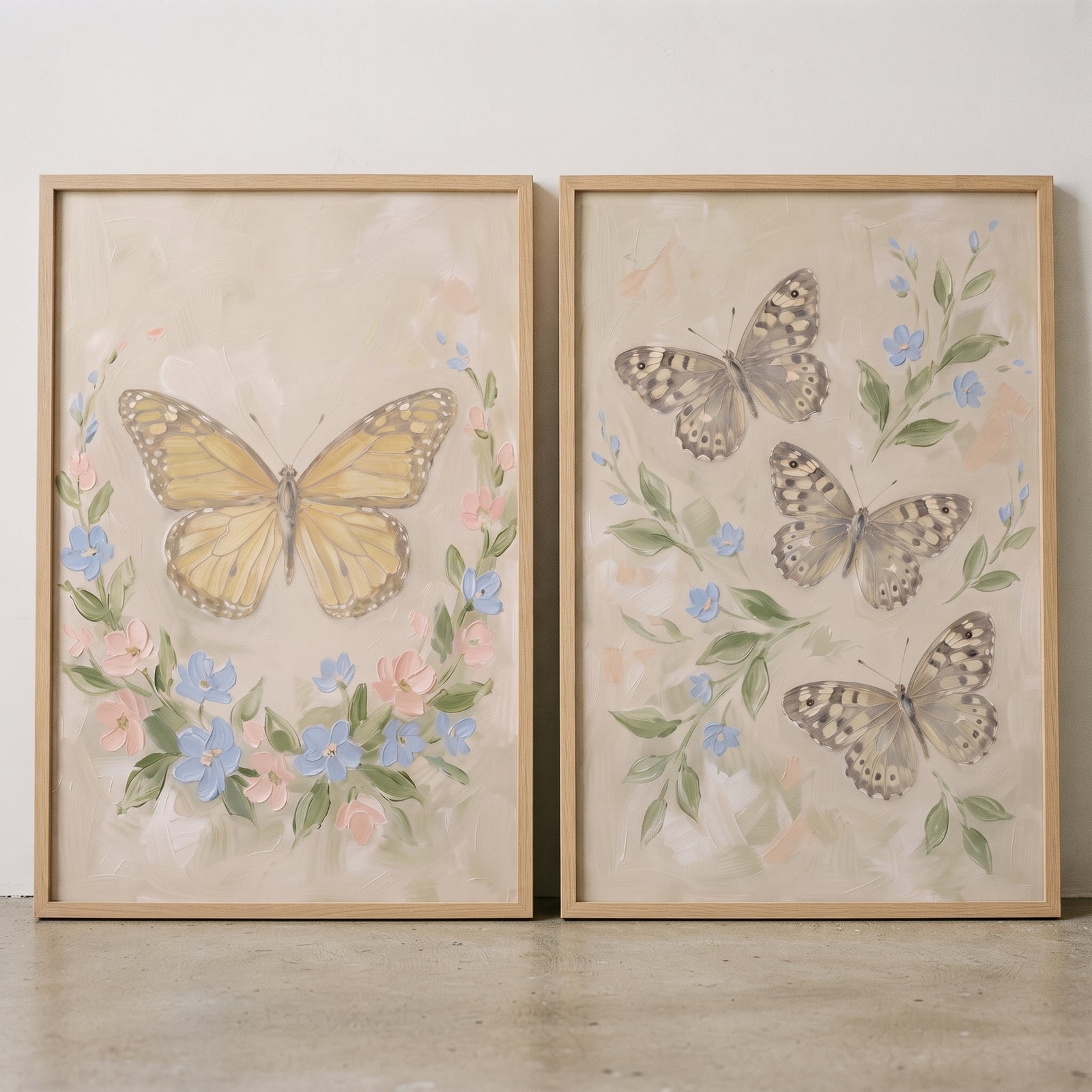 Vintage botanical butterfly wall art set of 2 with yellow and grey butterflies and pastel floral accents in wood frames.