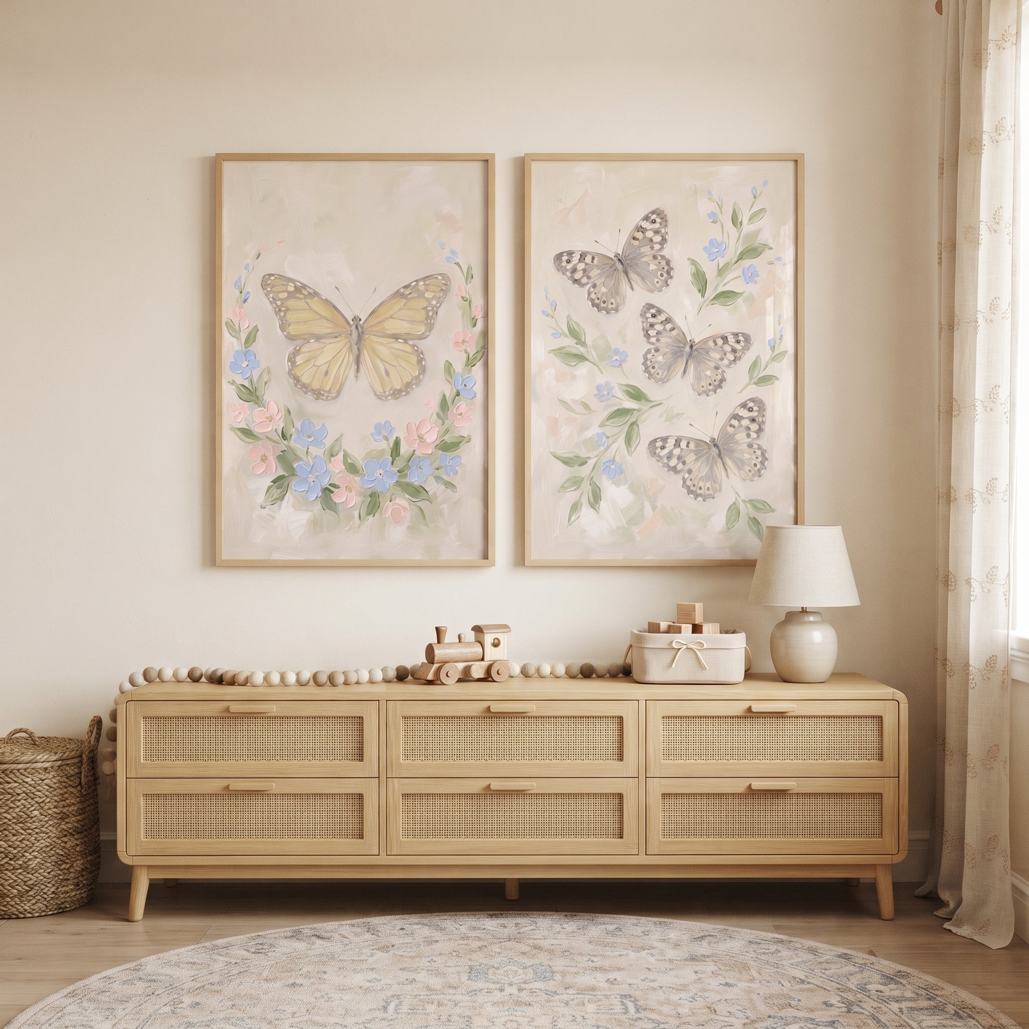 Vintage Botanical Butterfly Wall Art Set of 2 - Soft Garden Wings