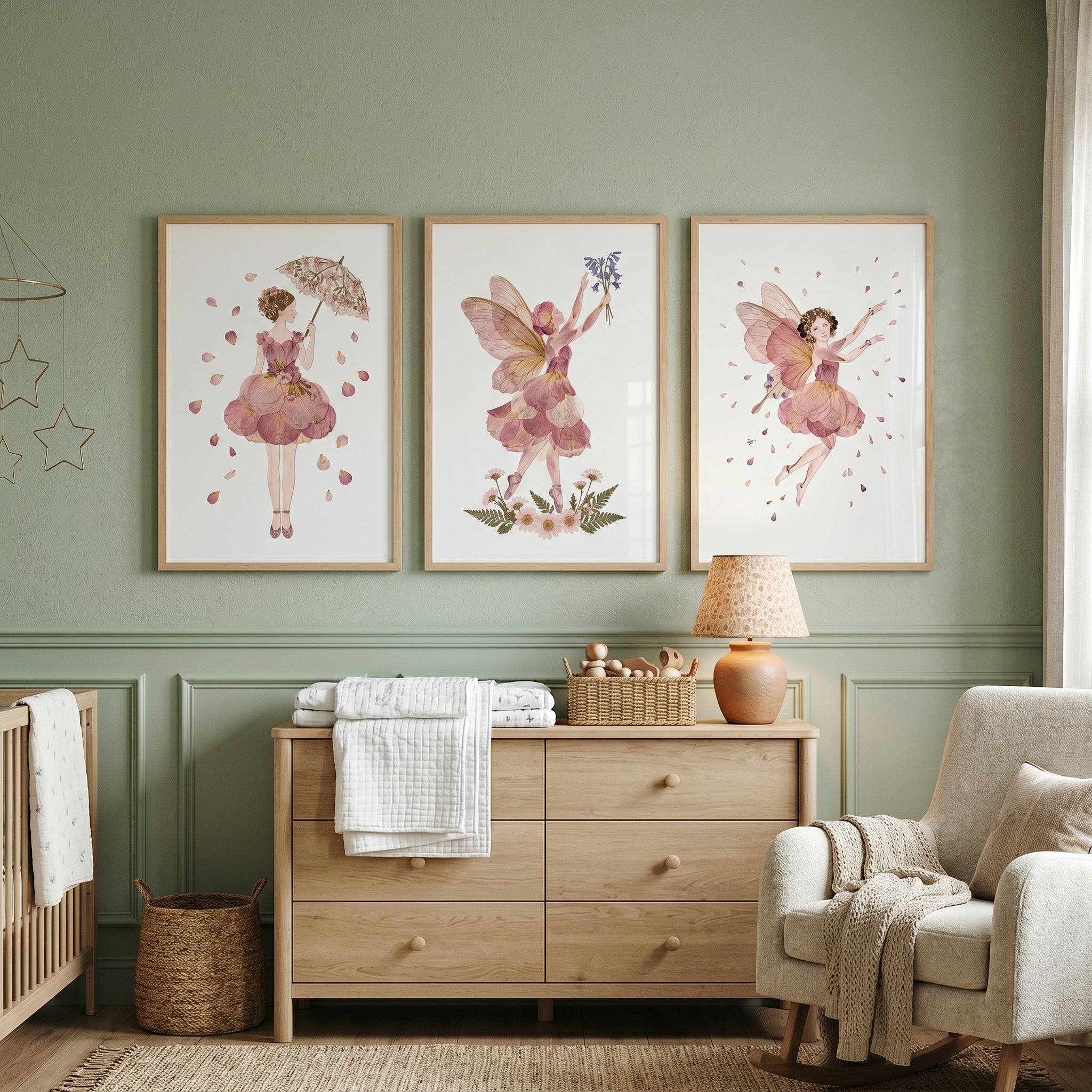 Vintage Botanical Flower Fairy Wall Art Set of 3 - Delicate Floral Fairies