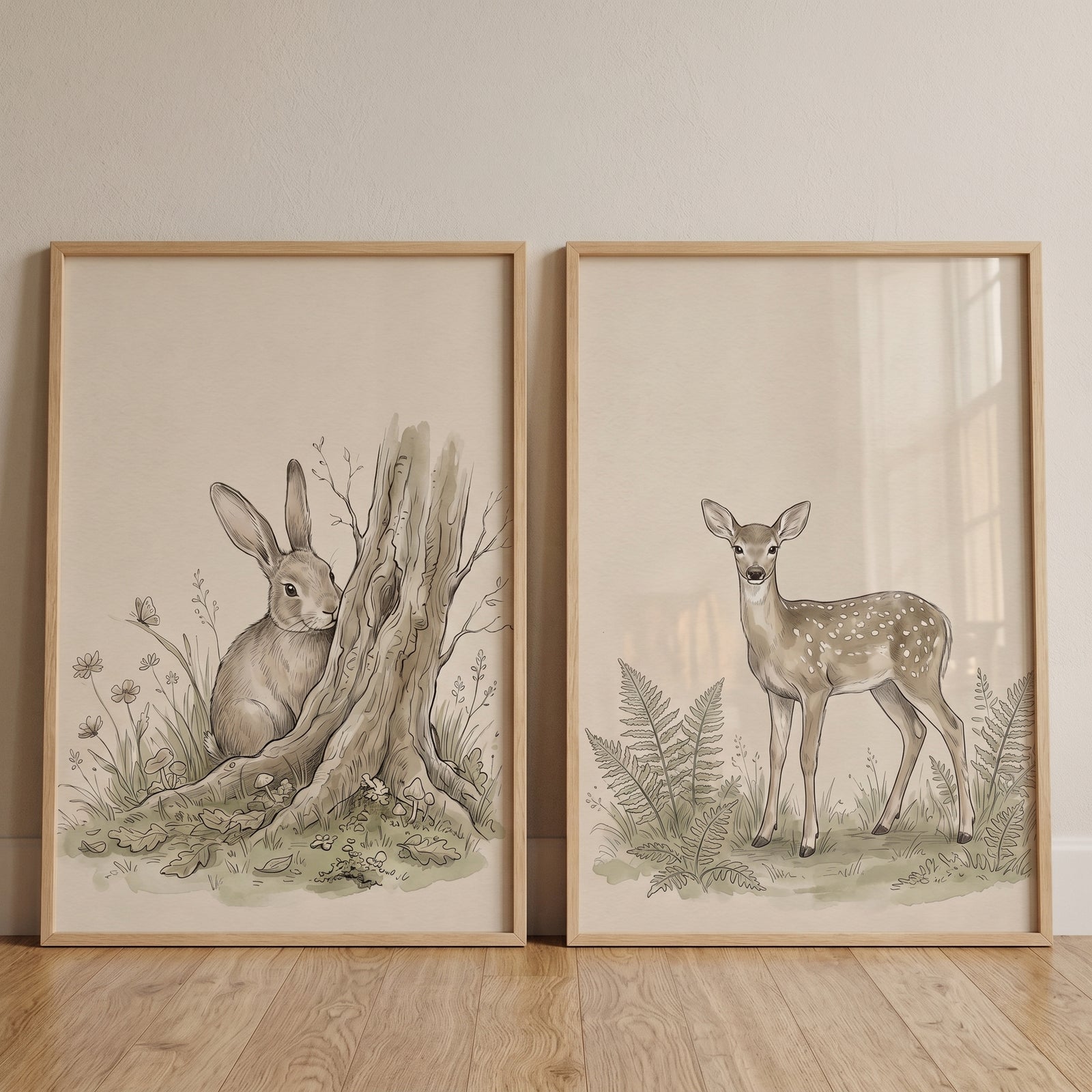 Vintage botanical forest animals wall art set of 2 featuring a rabbit near a tree and a fawn among ferns.