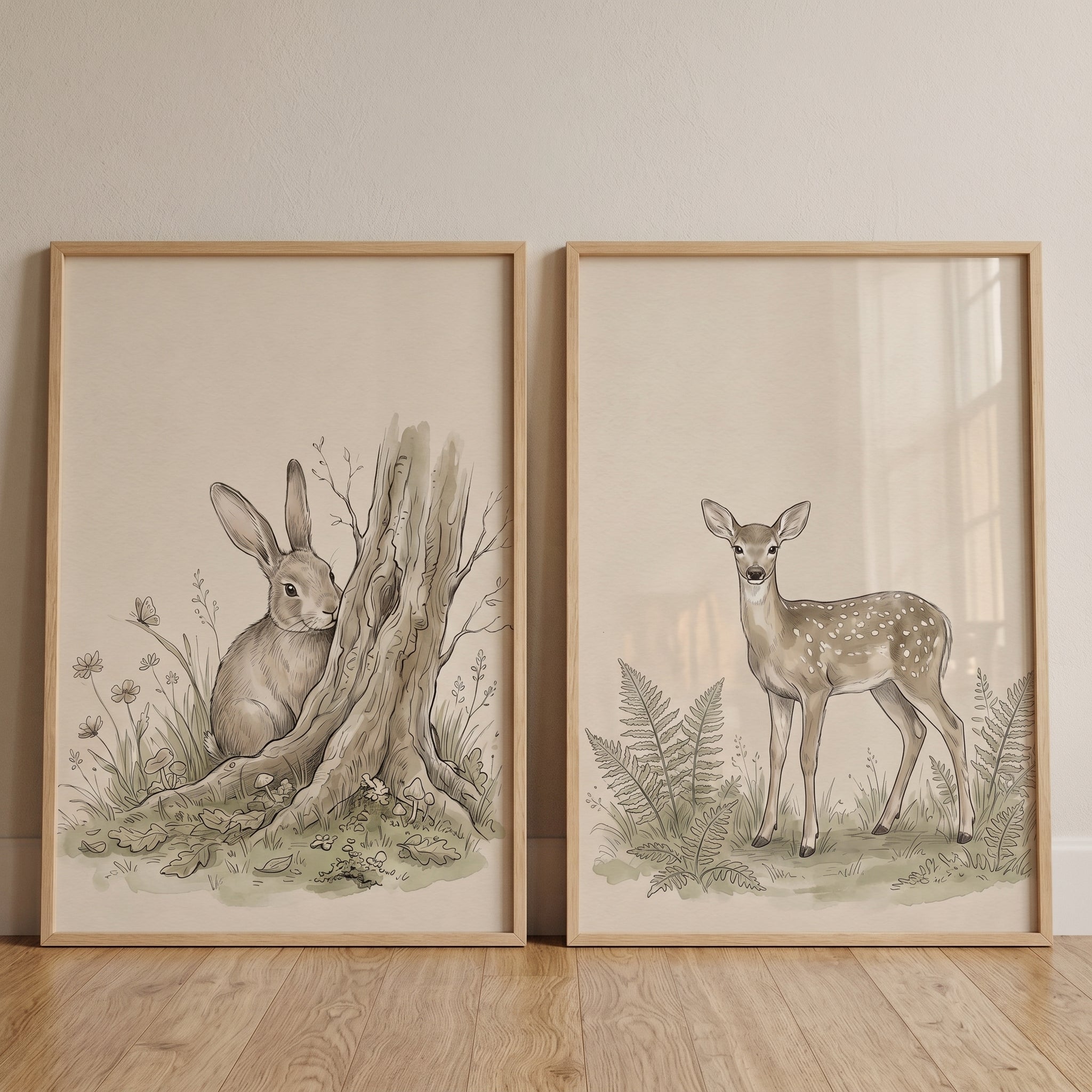 Vintage Botanical Forest Animals Wall Art Set of 2 - Gentle Forest Friends