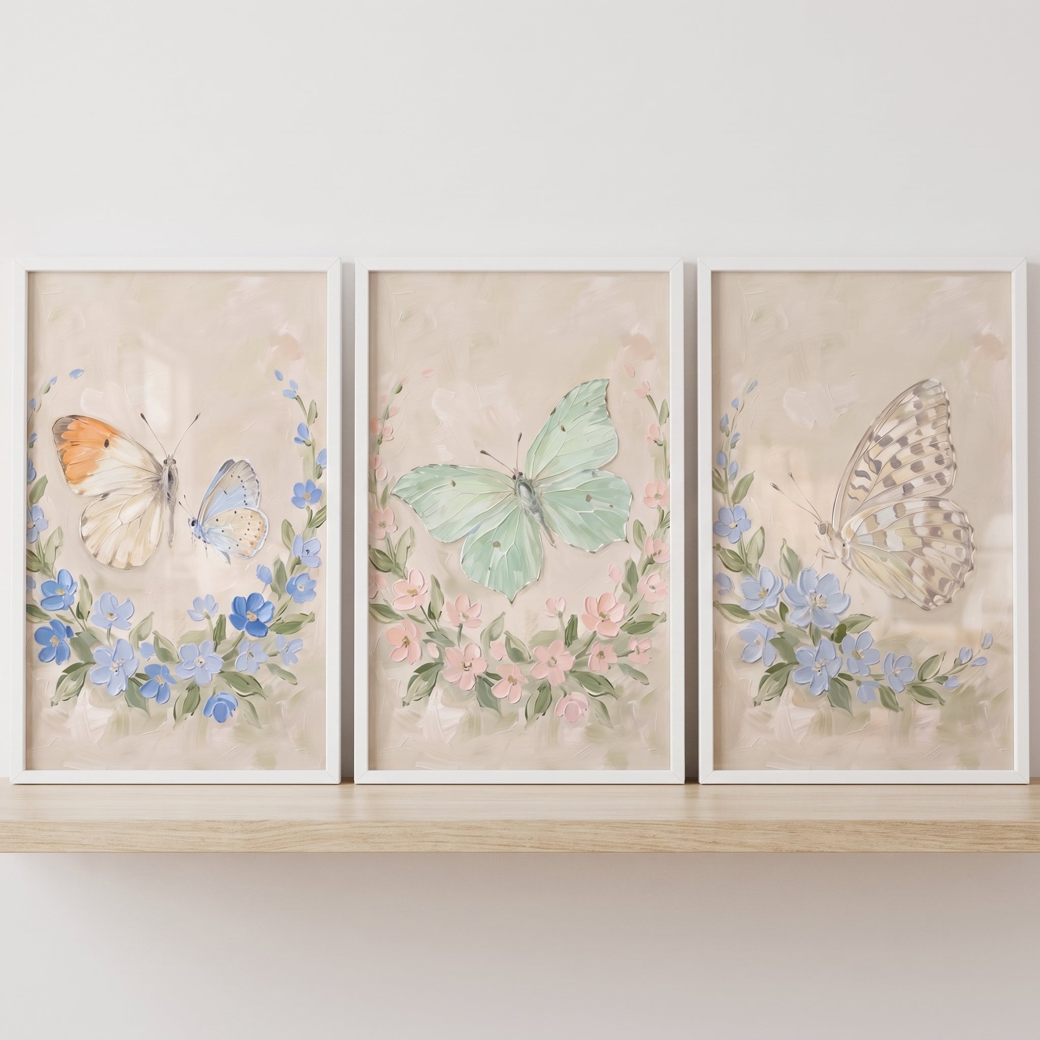 Vintage Botanical Garden Butterfly Wall Art Set of 3 - Springtime Butterfly Trio