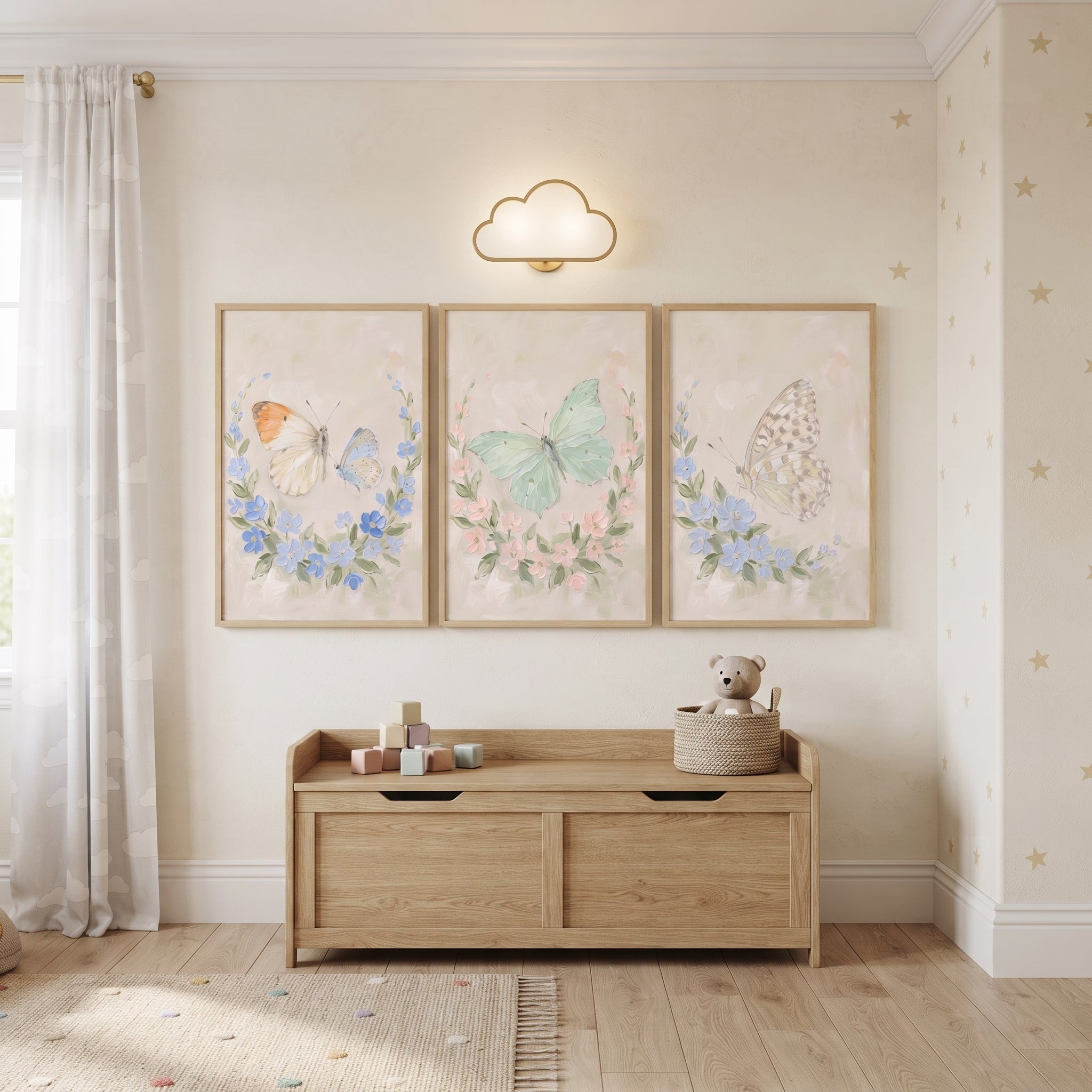 Vintage Botanical Garden Butterfly Wall Art Set of 3 - Springtime Butterfly Trio