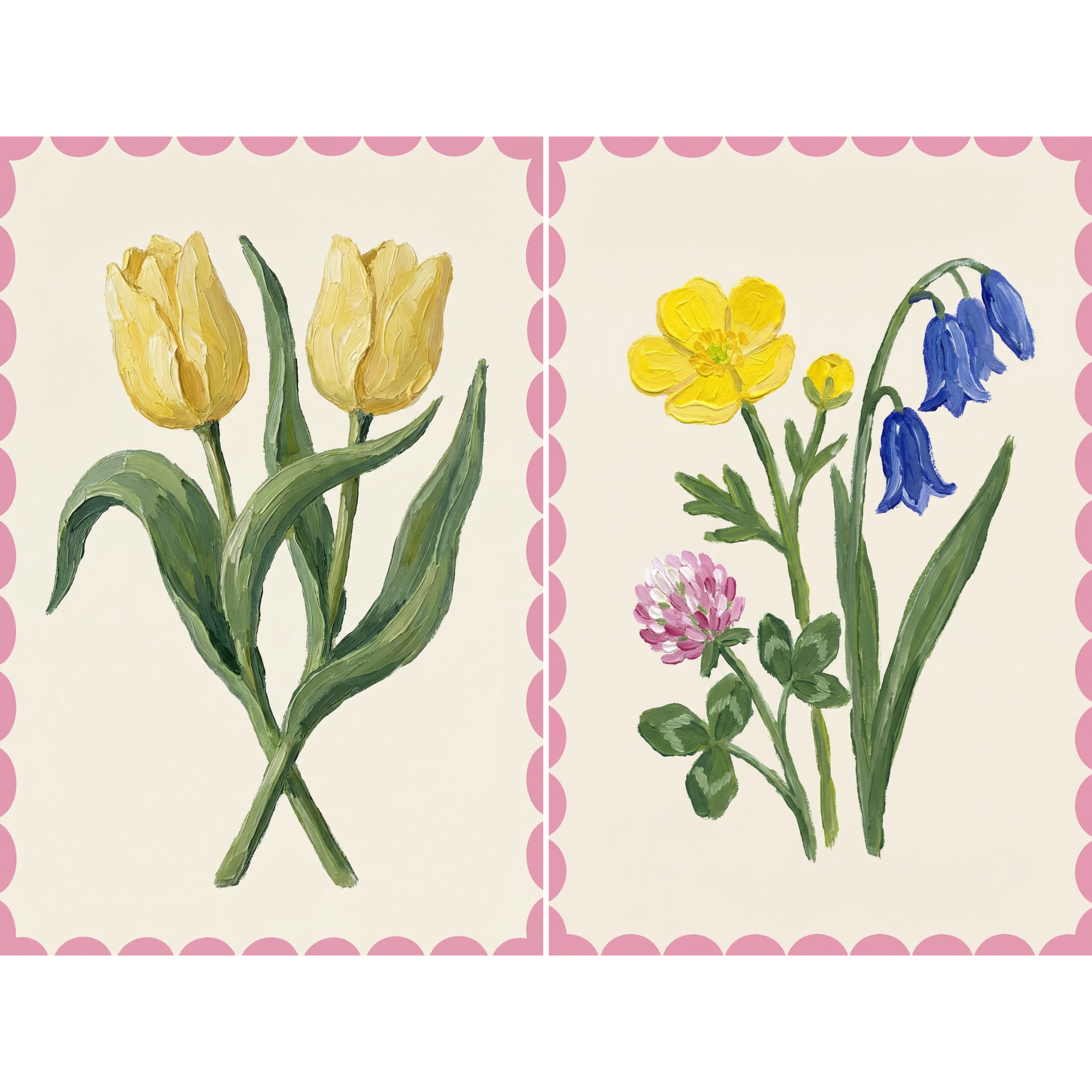 Vintage Botanical Meadow Wildflower Wall Art Set of 2 - Spring Floral Duo