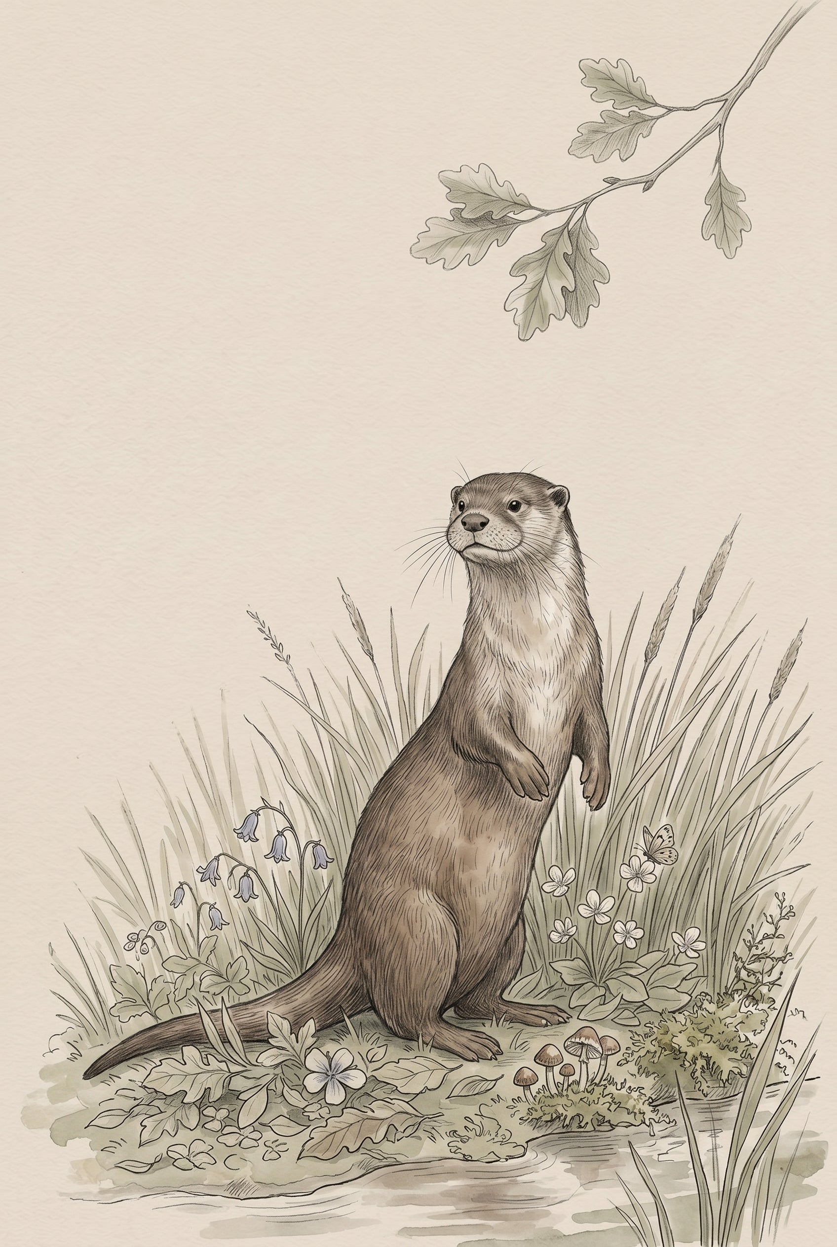 Vintage Botanical Otter Wall Art - Curious River Otter