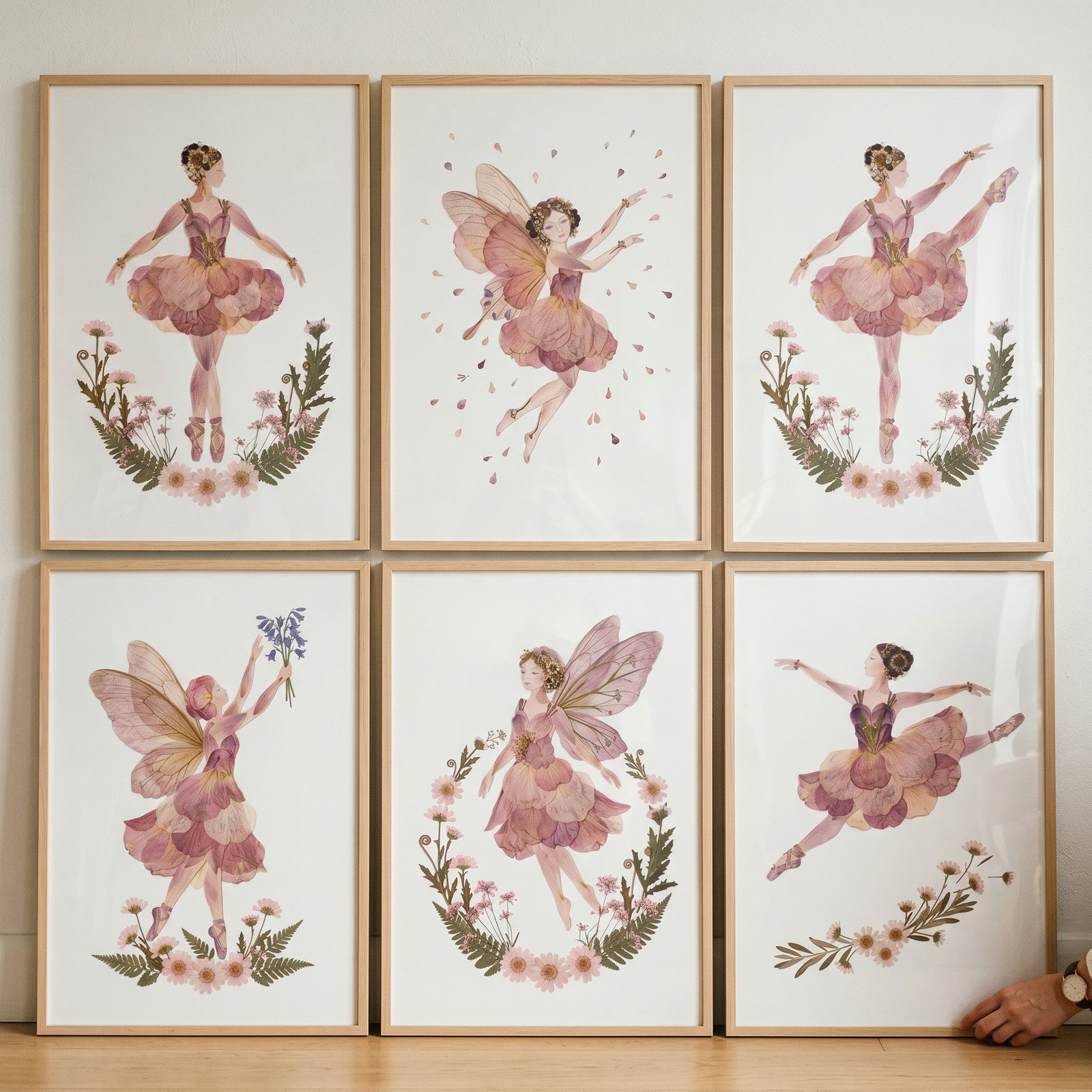 Vintage botanical petal ballerina wall art set of 6 showcases fairies and dancers in gowns made of pink flower petals.