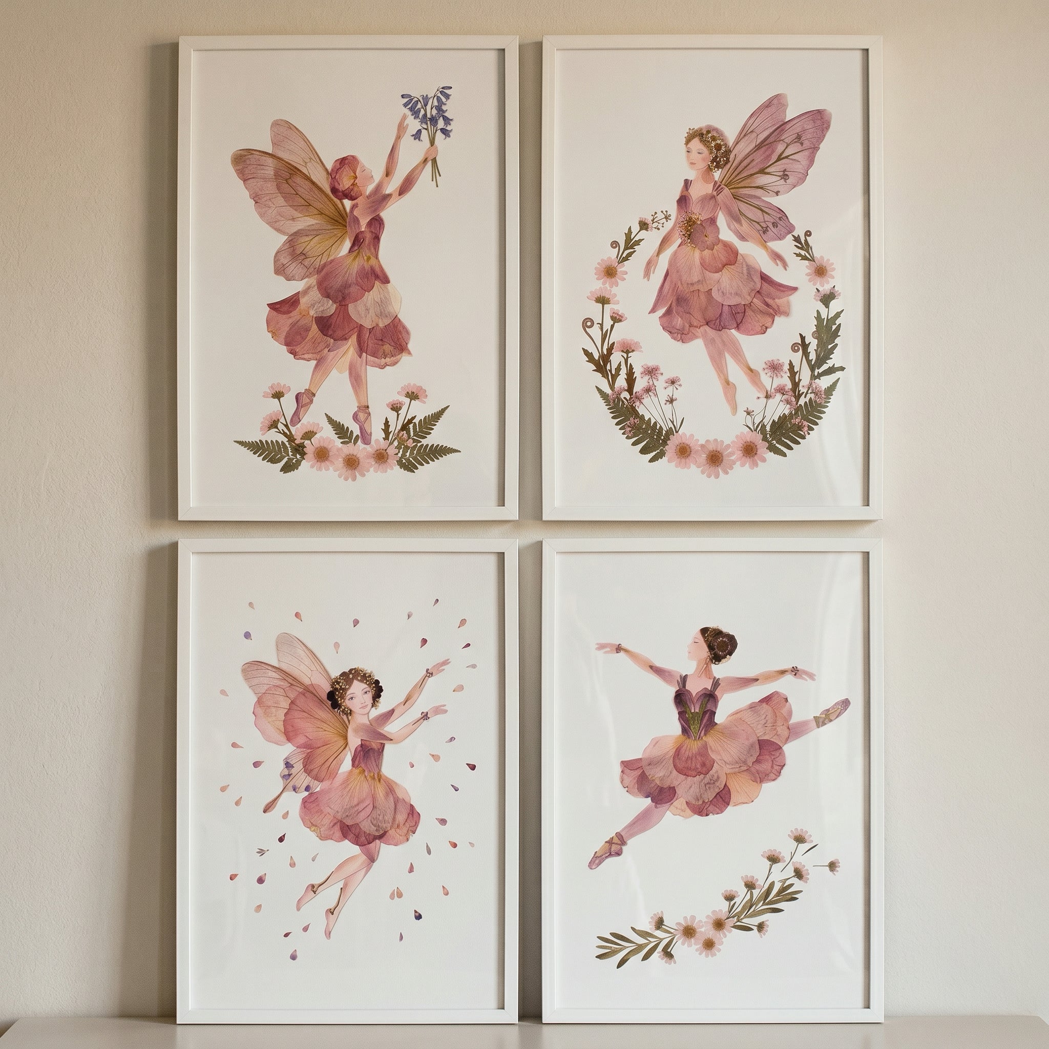 Vintage Botanical Petal Fairy Wall Art Set of 4 - Floral Forest Dancers