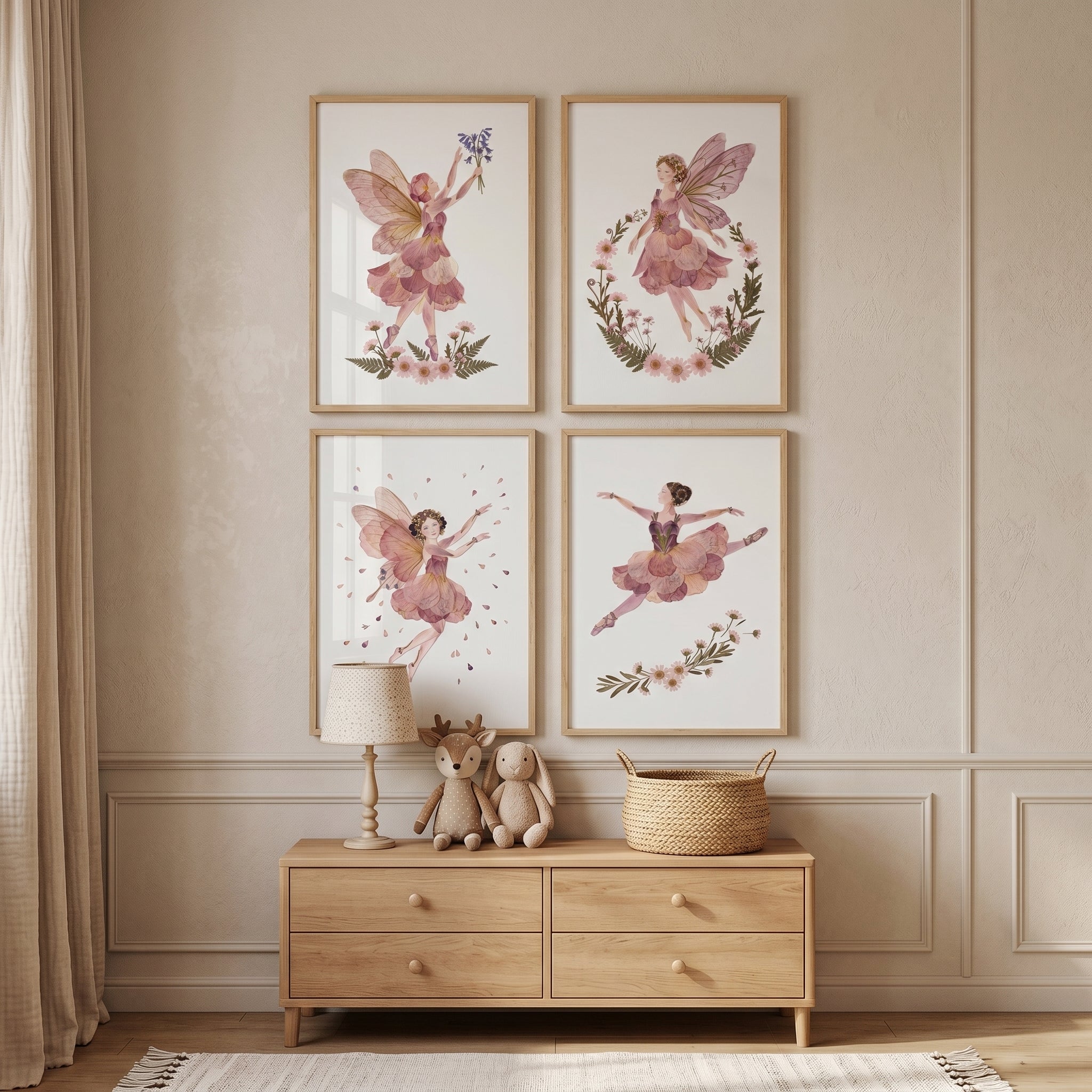 Vintage Botanical Petal Fairy Wall Art Set of 4 - Floral Forest Dancers