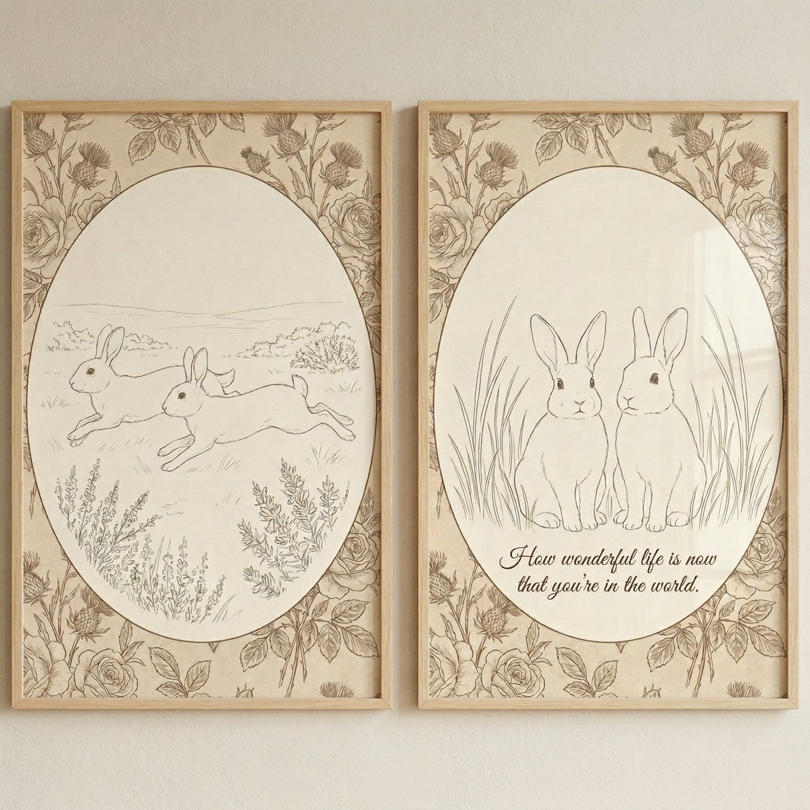 Two vertical, light wood-framed illustrations hang side-by-side against a neutral wall. Each piece features brown line art on a light-tan background with a vintage aesthetic. A large central oval in each frame is surrounded by a detailed border of roses and thistles. 